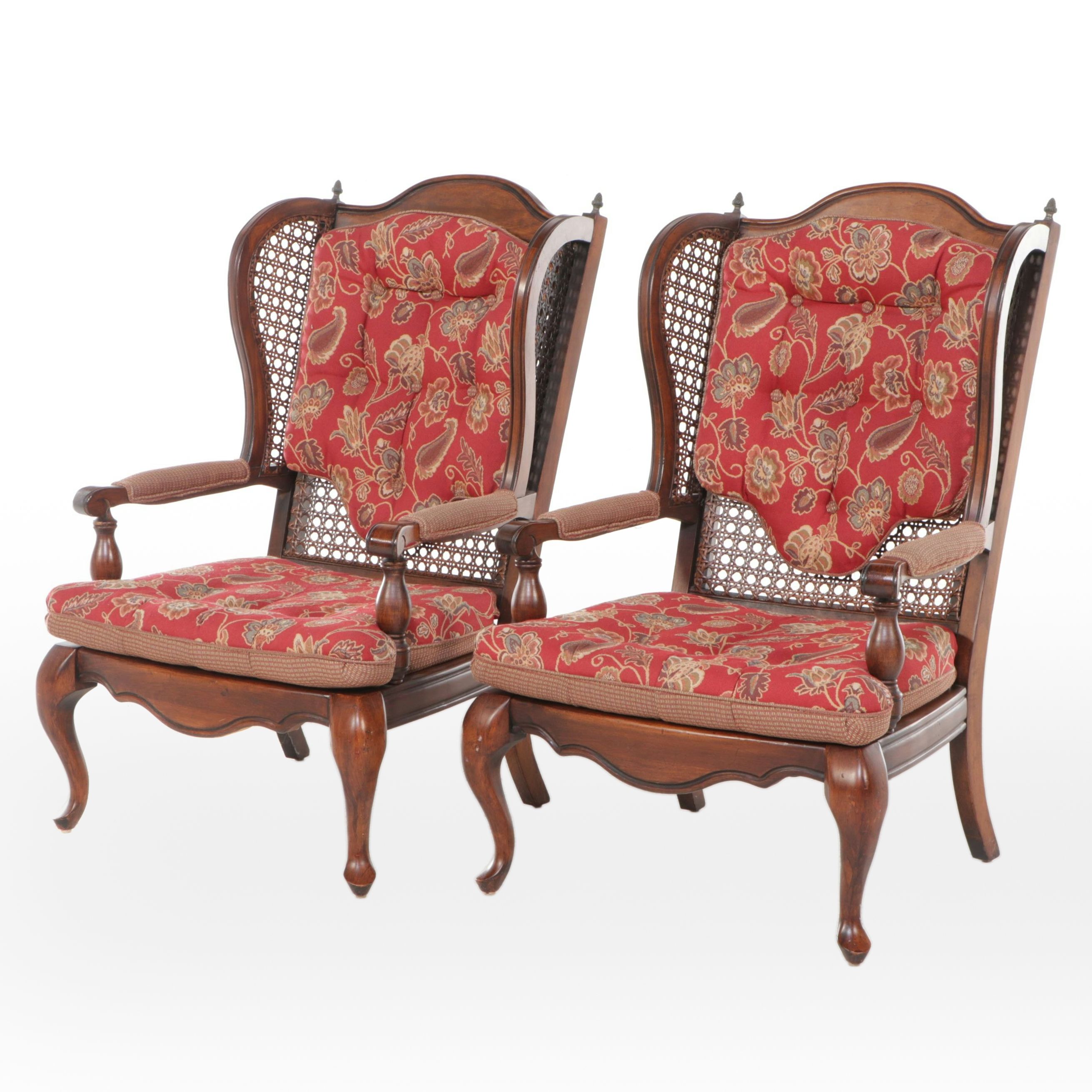 Pair of Queen Anne Style Paisley-Upholstered Caned Walnut Wingback Chairs