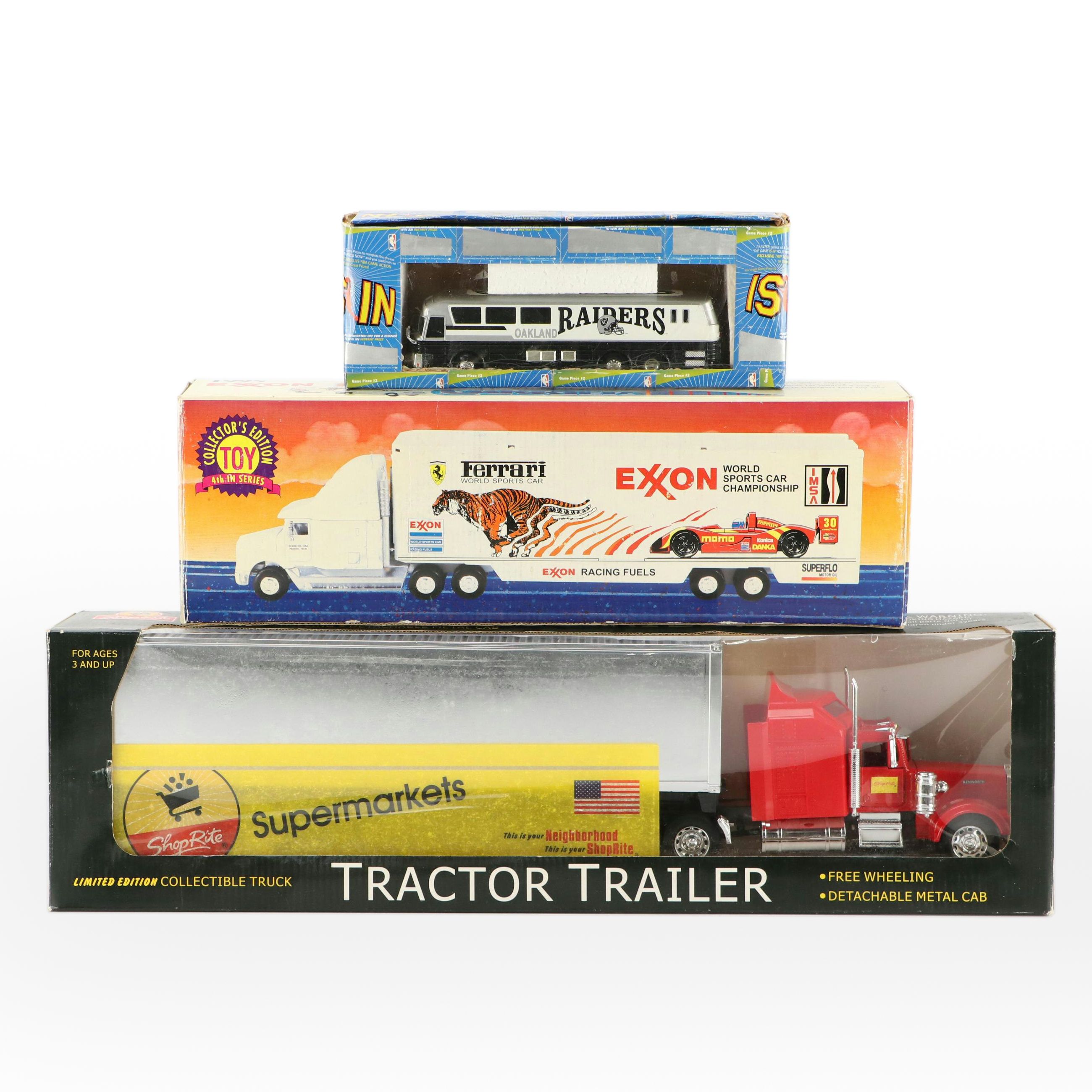 Shop Rite, Exxon, and Oakland Raiders Toy Semi Trucks and Bus