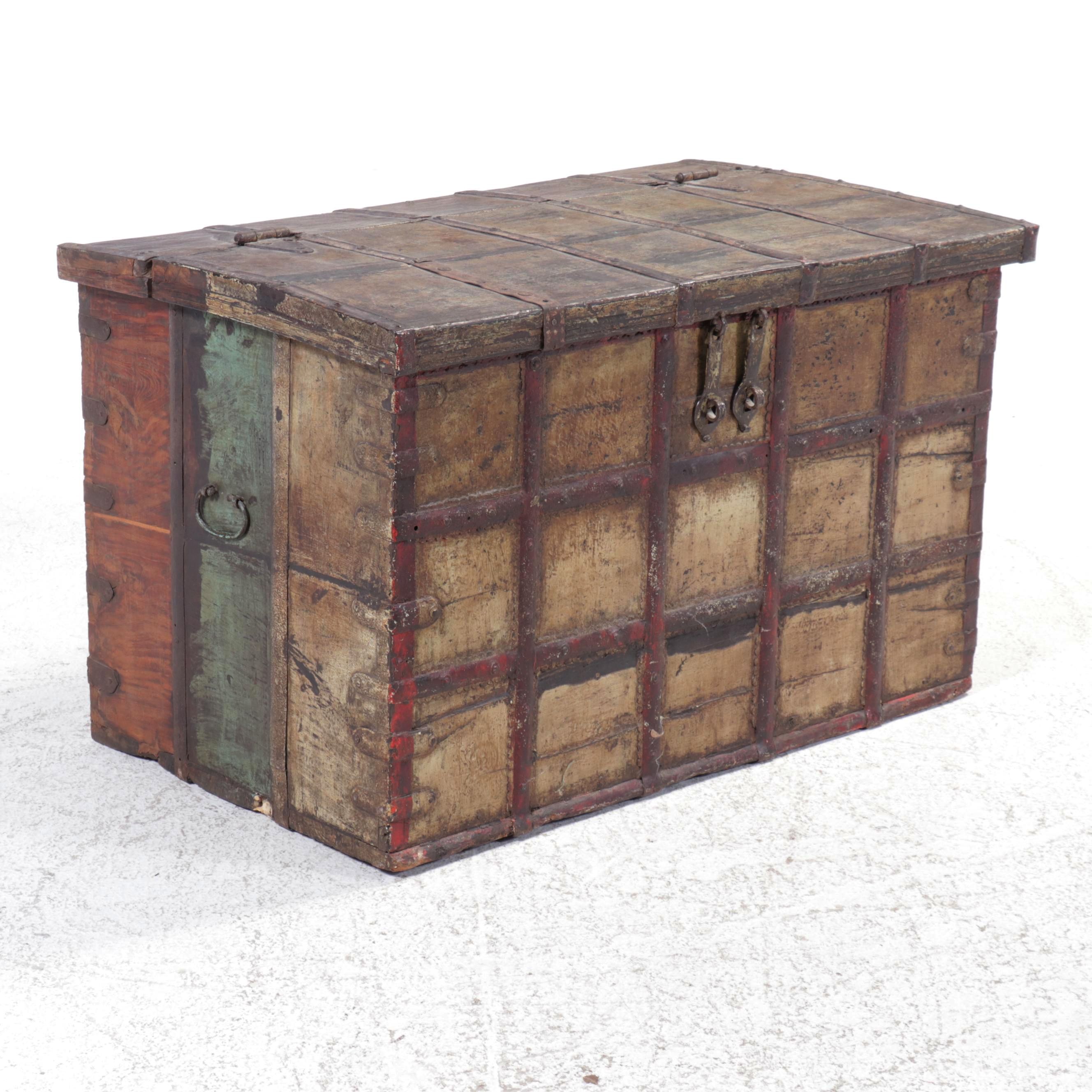 Indian Iron Bound Painted Wood Dowery Chest, 19th Century