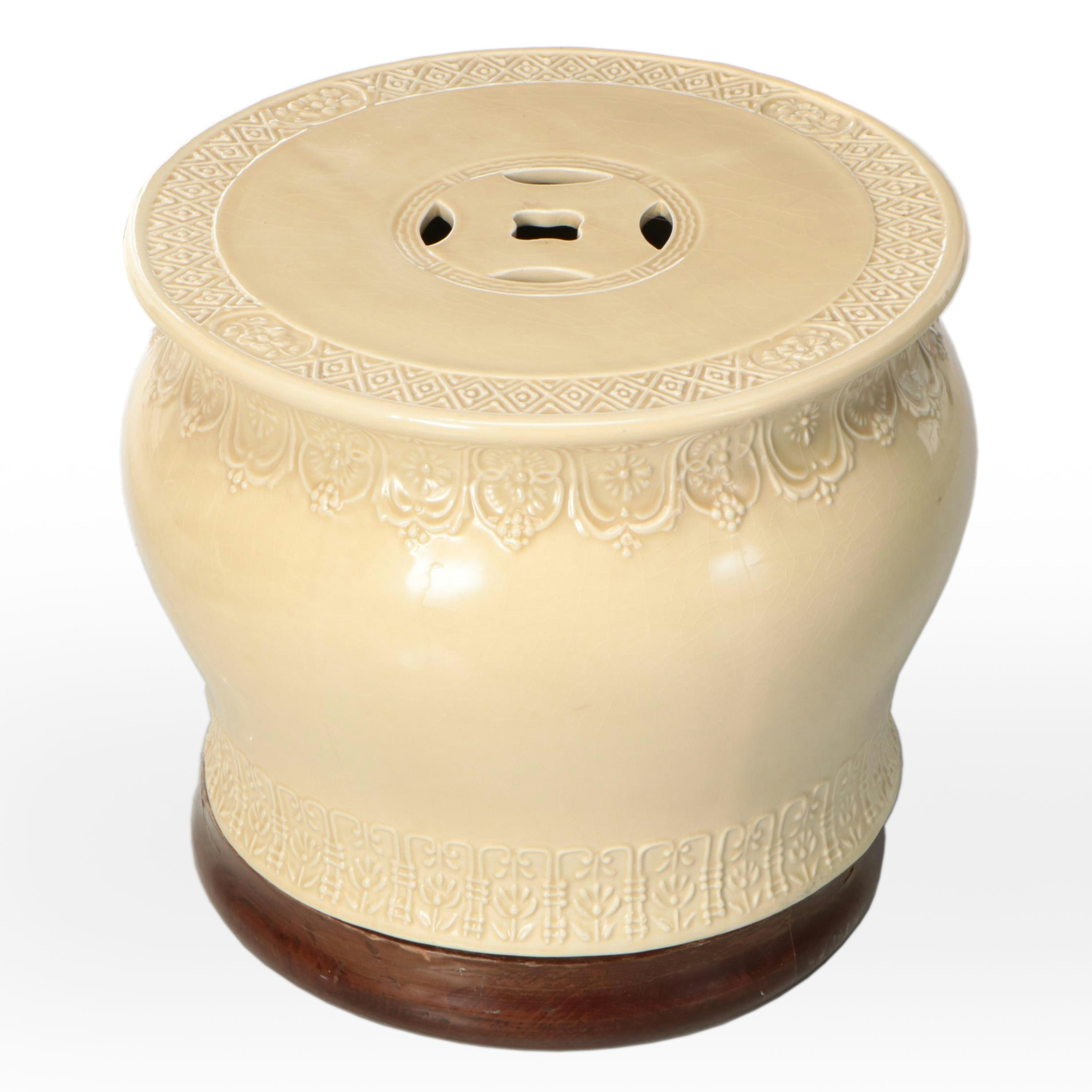 Chinese Porcelain Garden Stool with Wood Stand