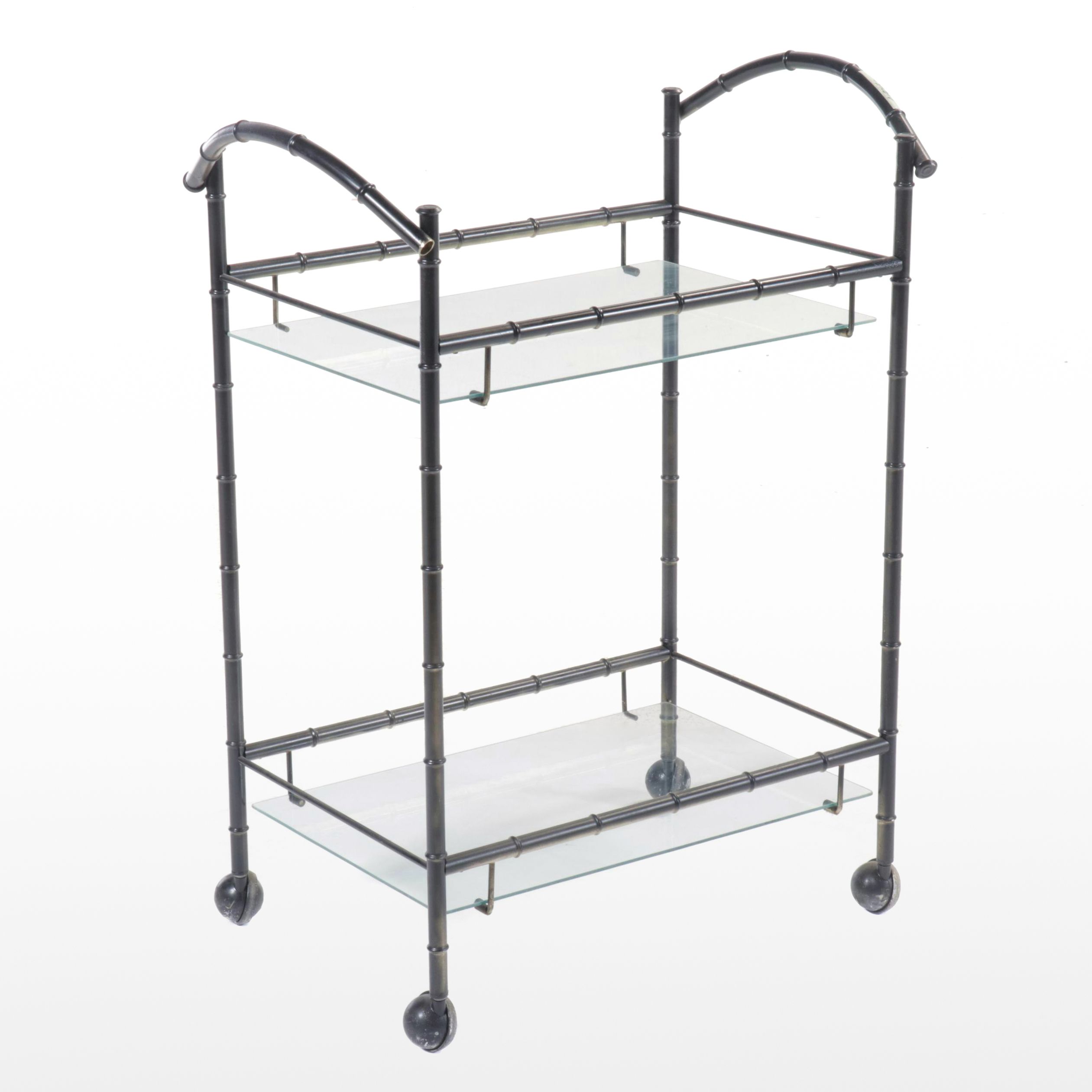 Two-Tiered Bamboo Form Metal Tea Cart with Glass Shelves