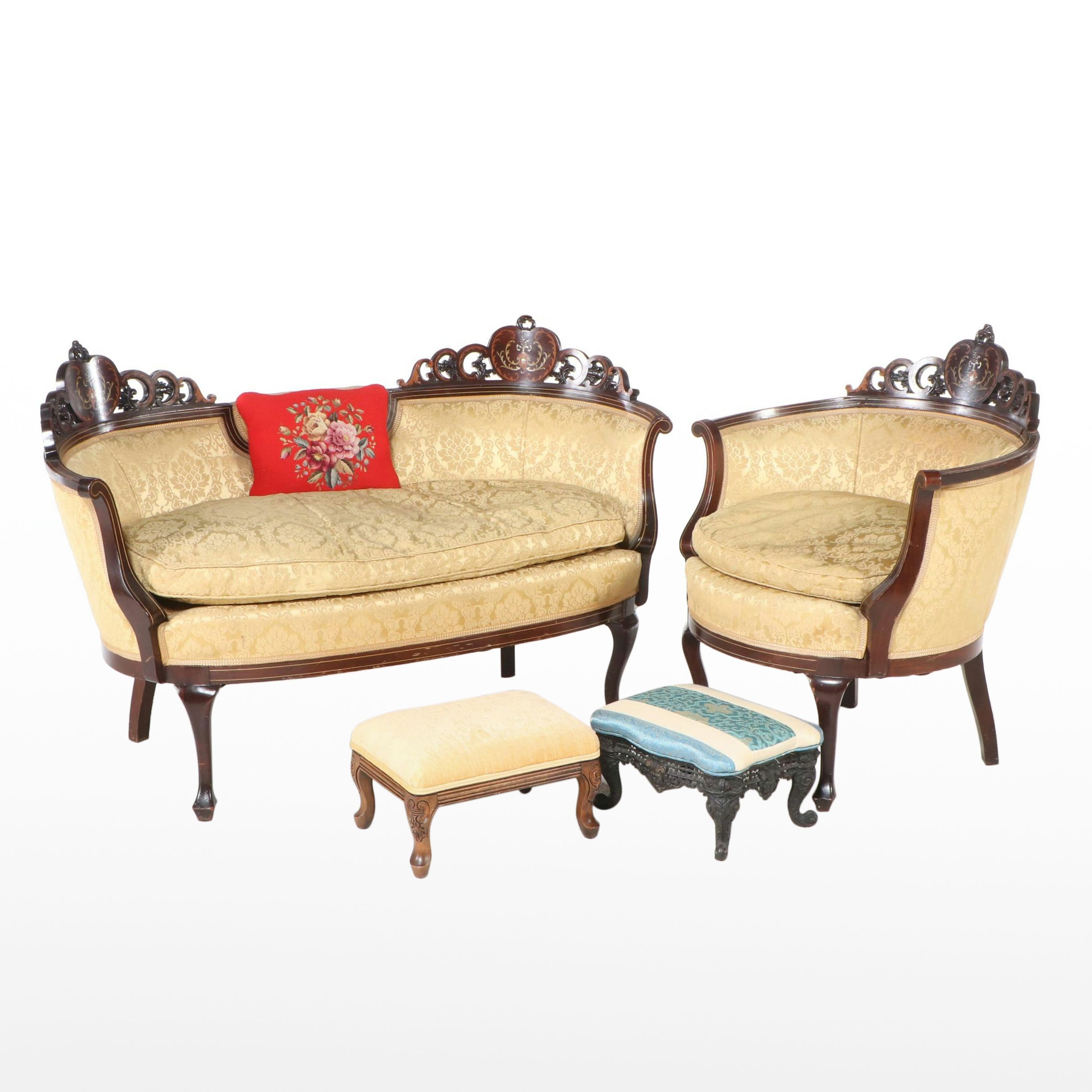Victorian Rococo Revival Style MOP Inlaid Parlor Set with Other Footstools
