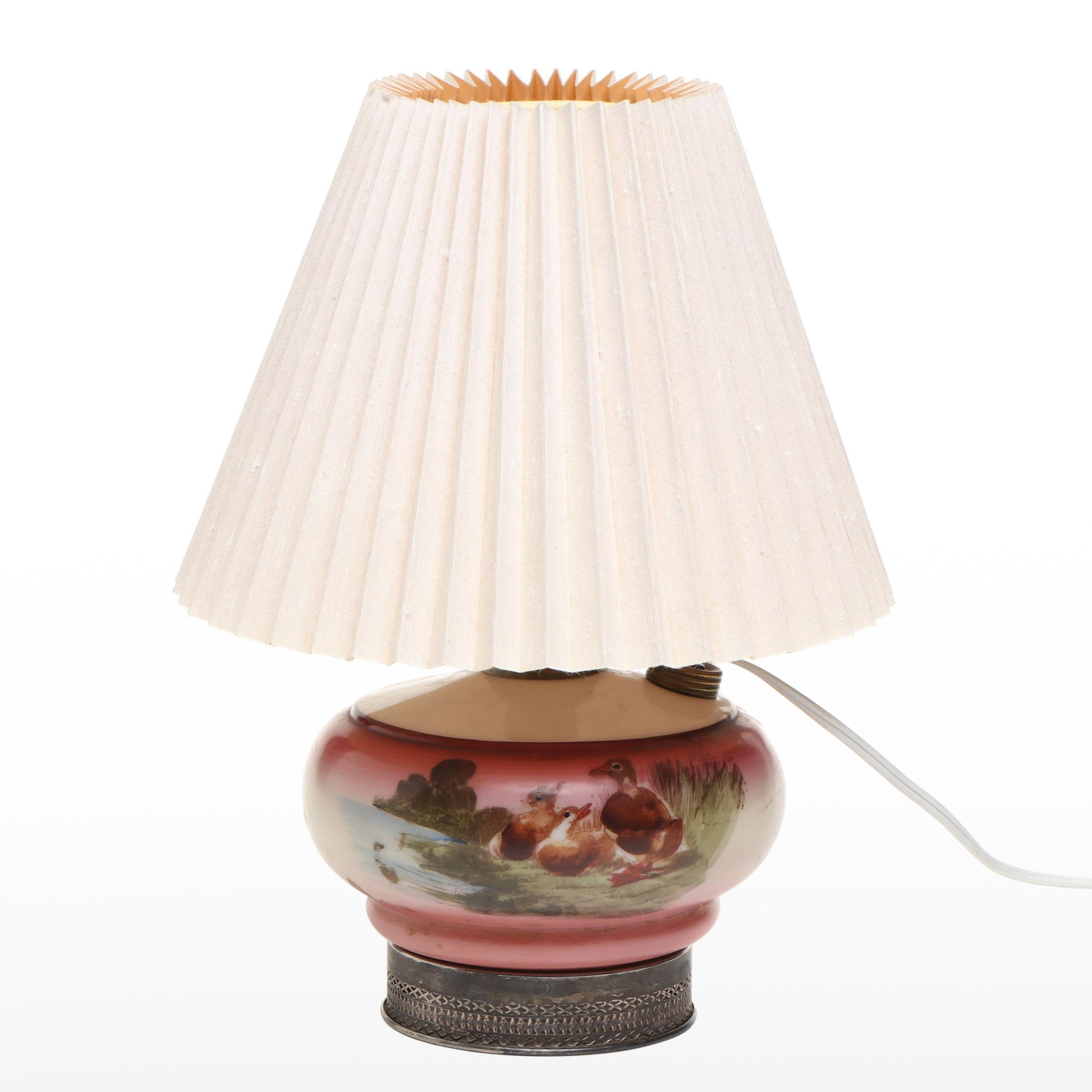 Hand-Painted Milk Glass Duck Oil Lamp with Silver Plate Base, Adapted