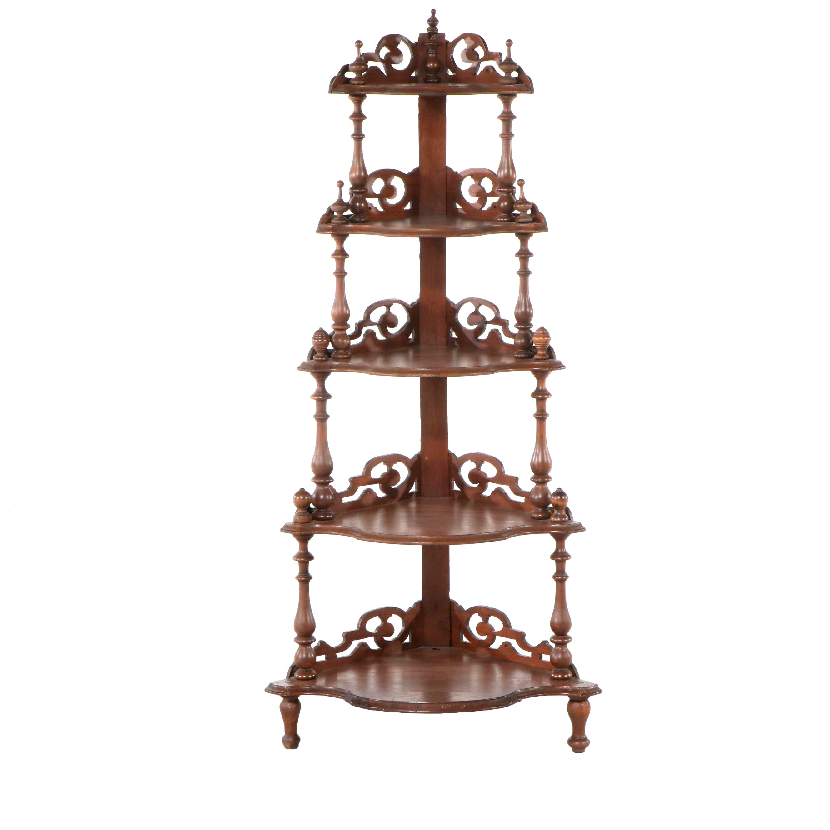 Victorian Style Walnut Finish Corner Whatnot Shelf, 20th Century