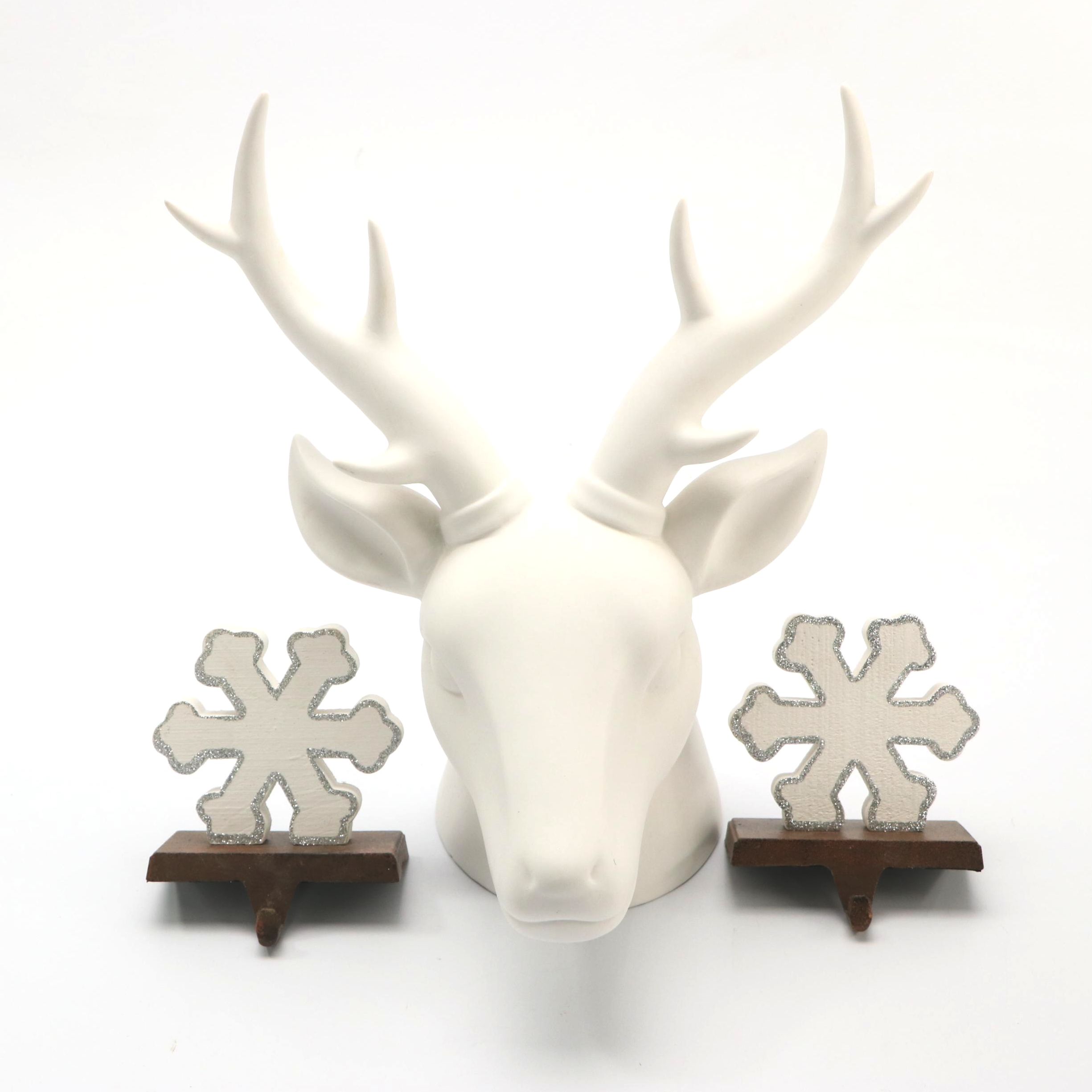 Snowflake Stocking Holders with Contemporary Porcelain Deer Head
