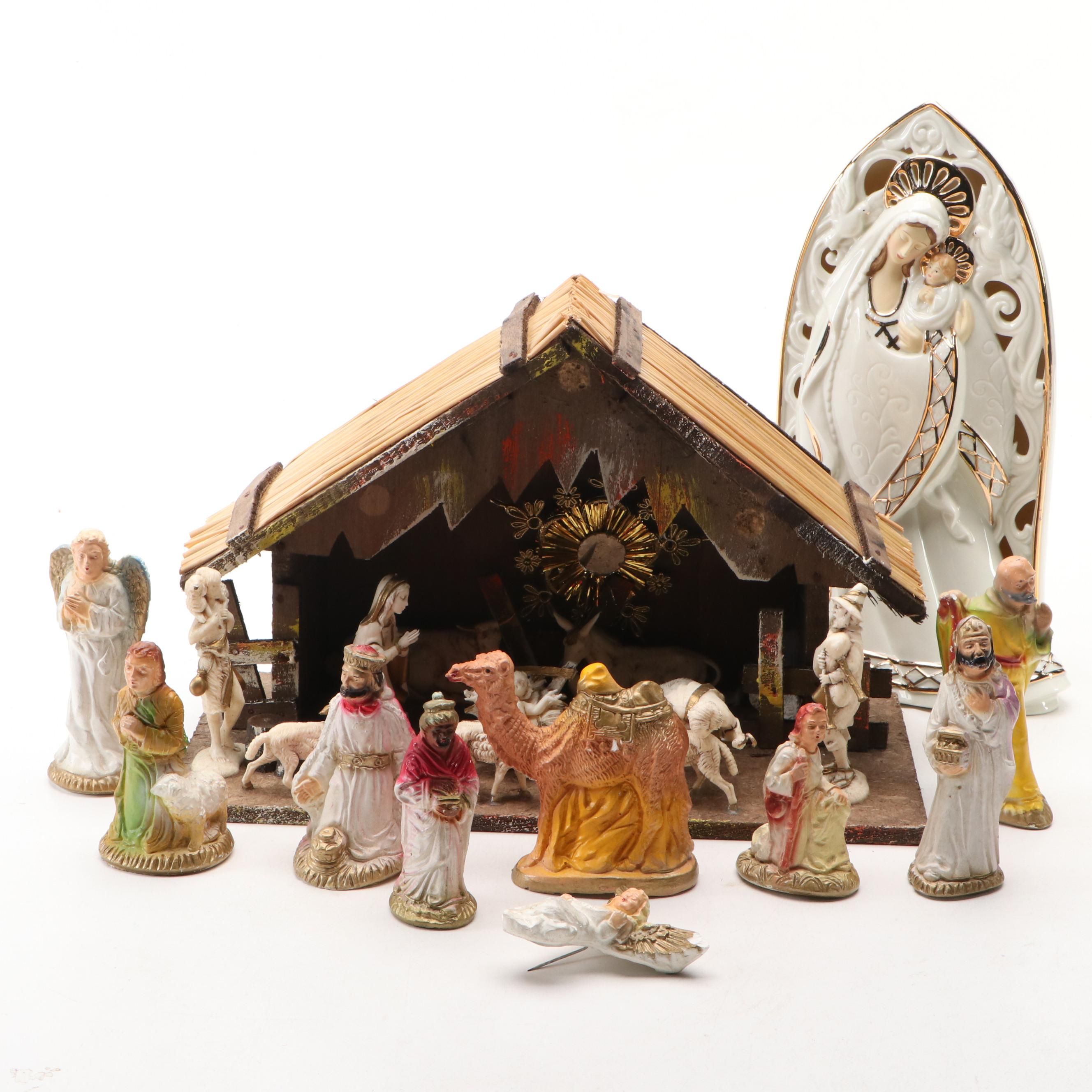 Gilt Porcelain Madonna and Child with Nativity Collection