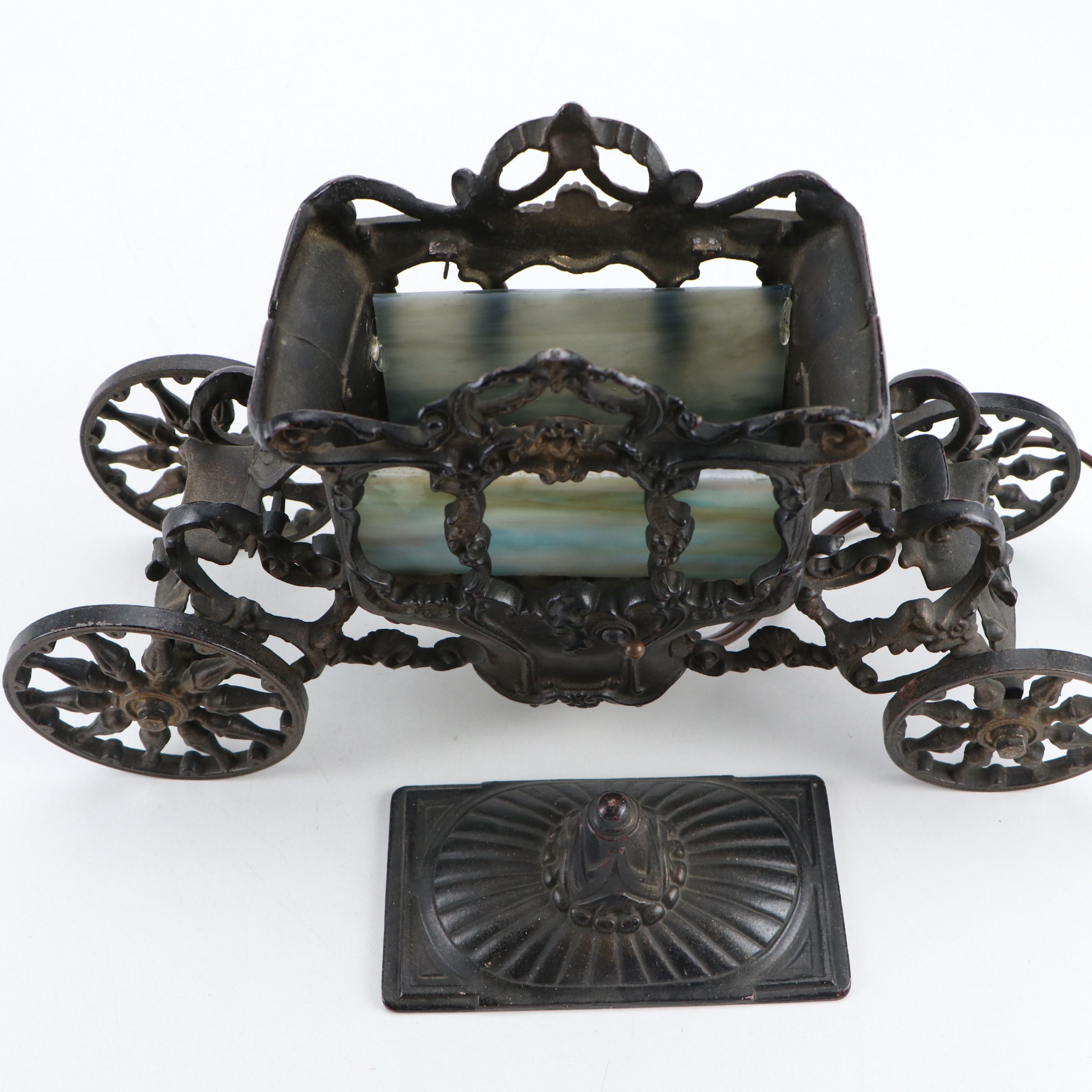 Coronation Coach Cast Iron and Slag Glass Accent Lamp, Early 20th Century