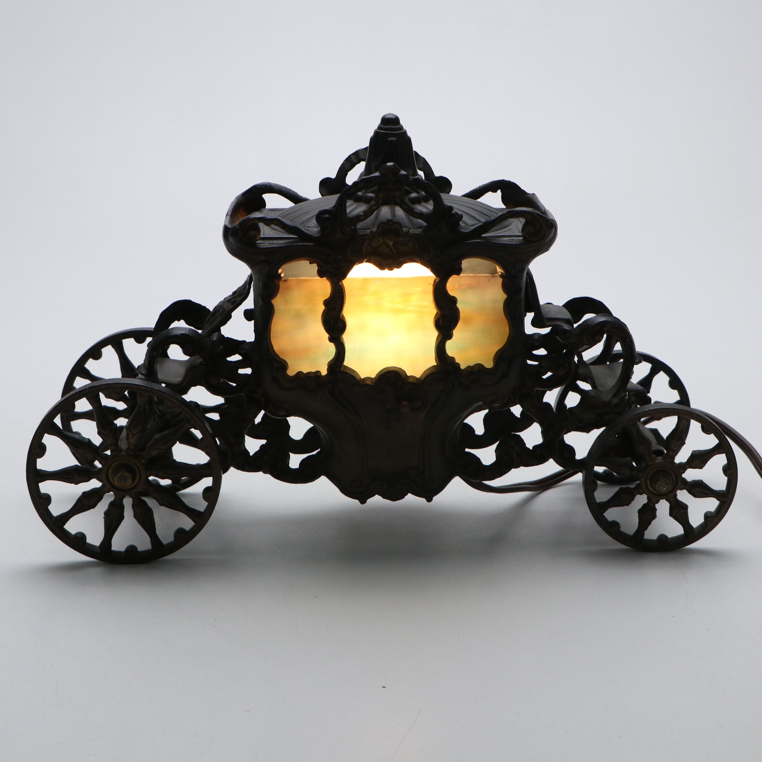 Coronation Coach Cast Iron and Slag Glass Accent Lamp, Early 20th Century