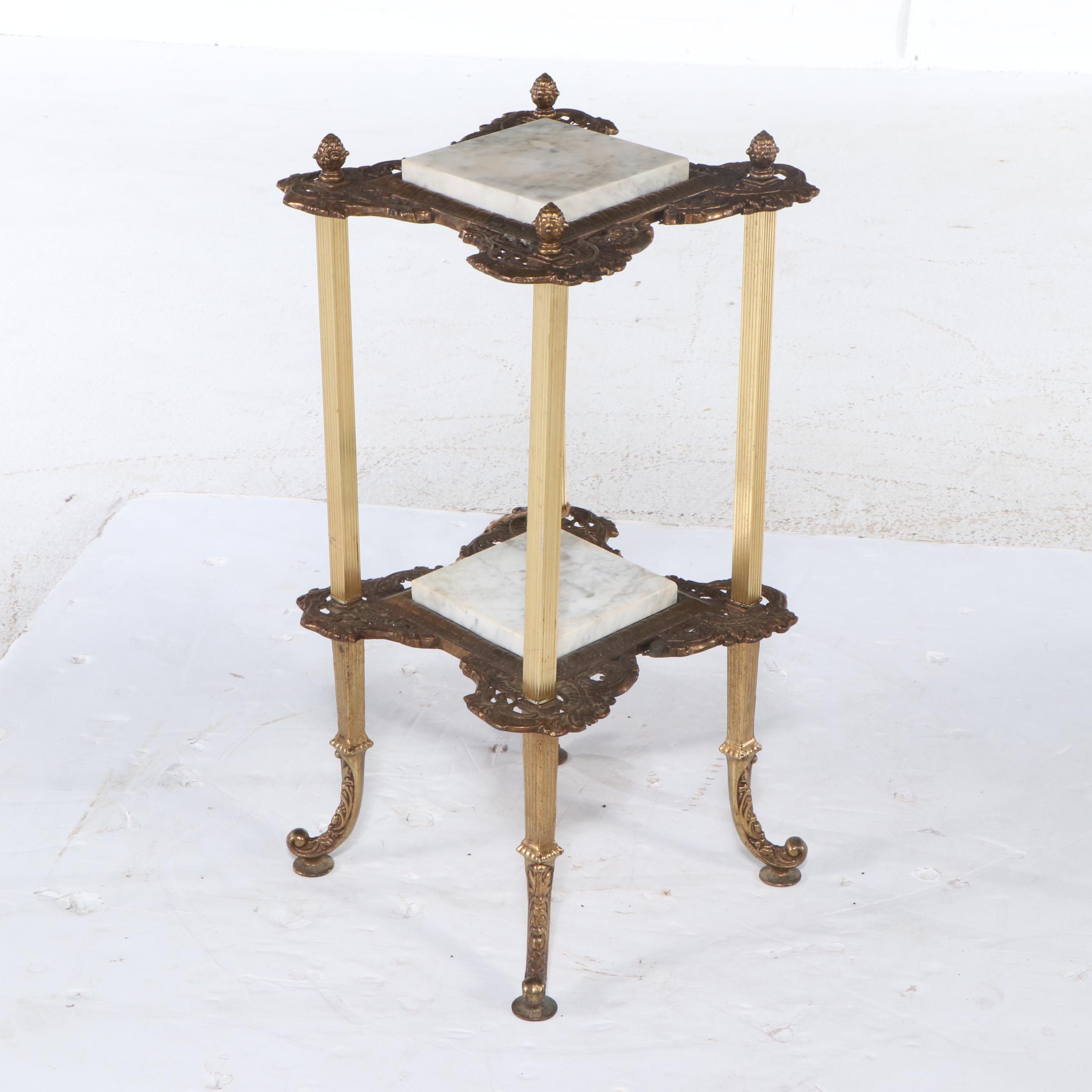 Victorian Brass and Marble Two-Tiered Fern Stand, 19th Century