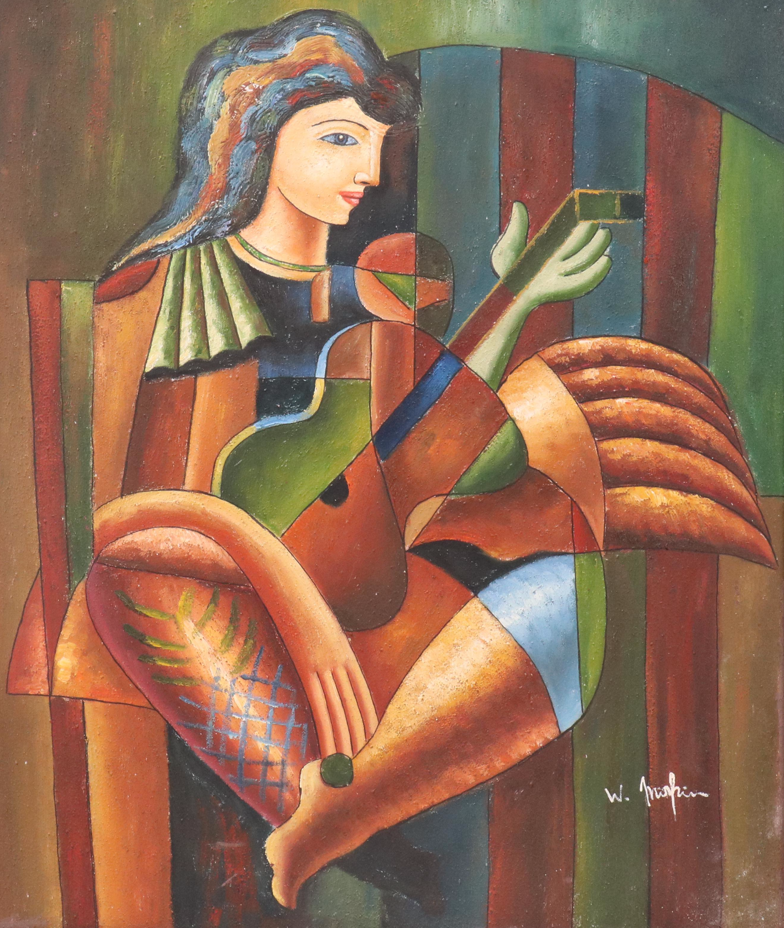 W. Mirkin Cubist Style Oil Painting of Seated Musician