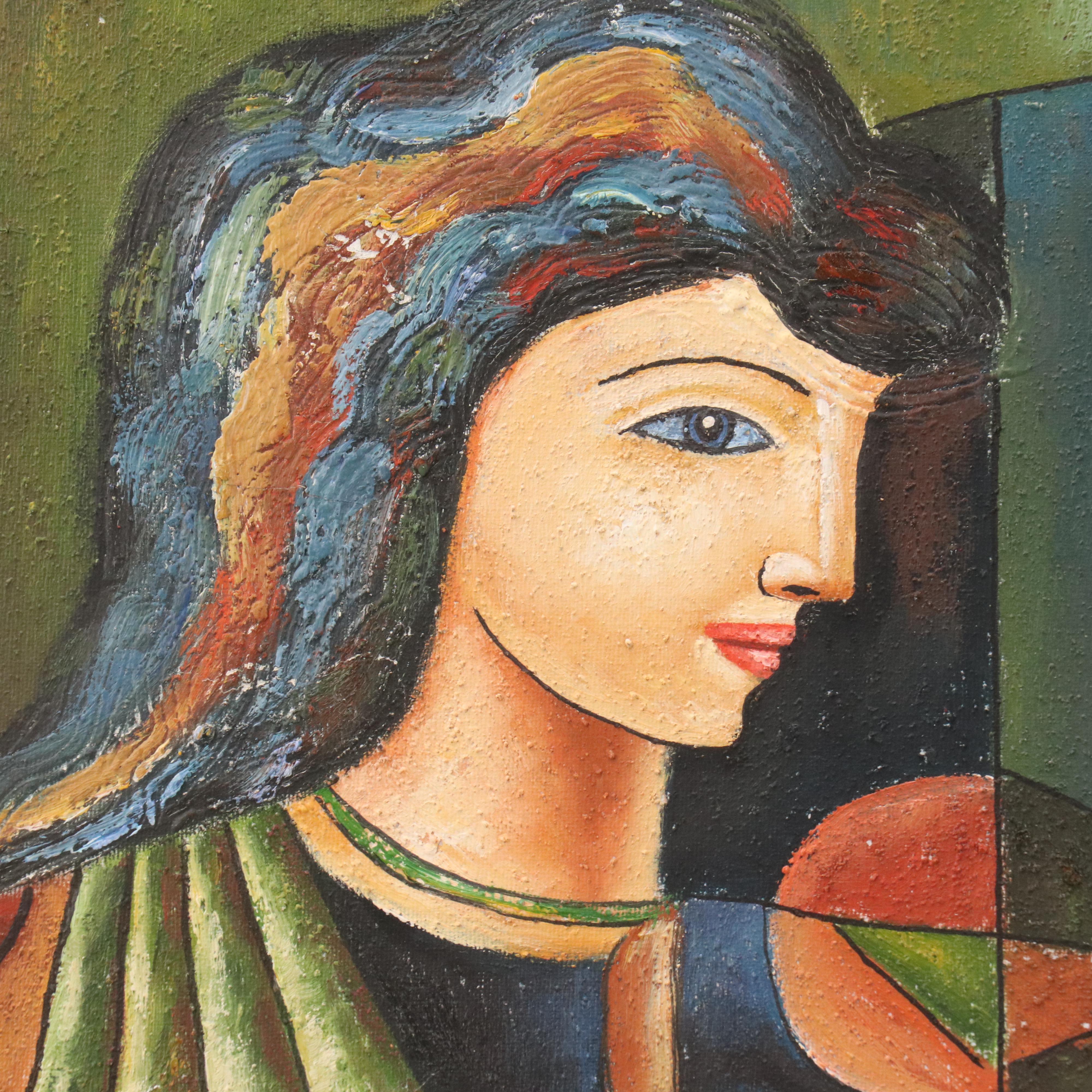 W. Mirkin Cubist Style Oil Painting of Seated Musician