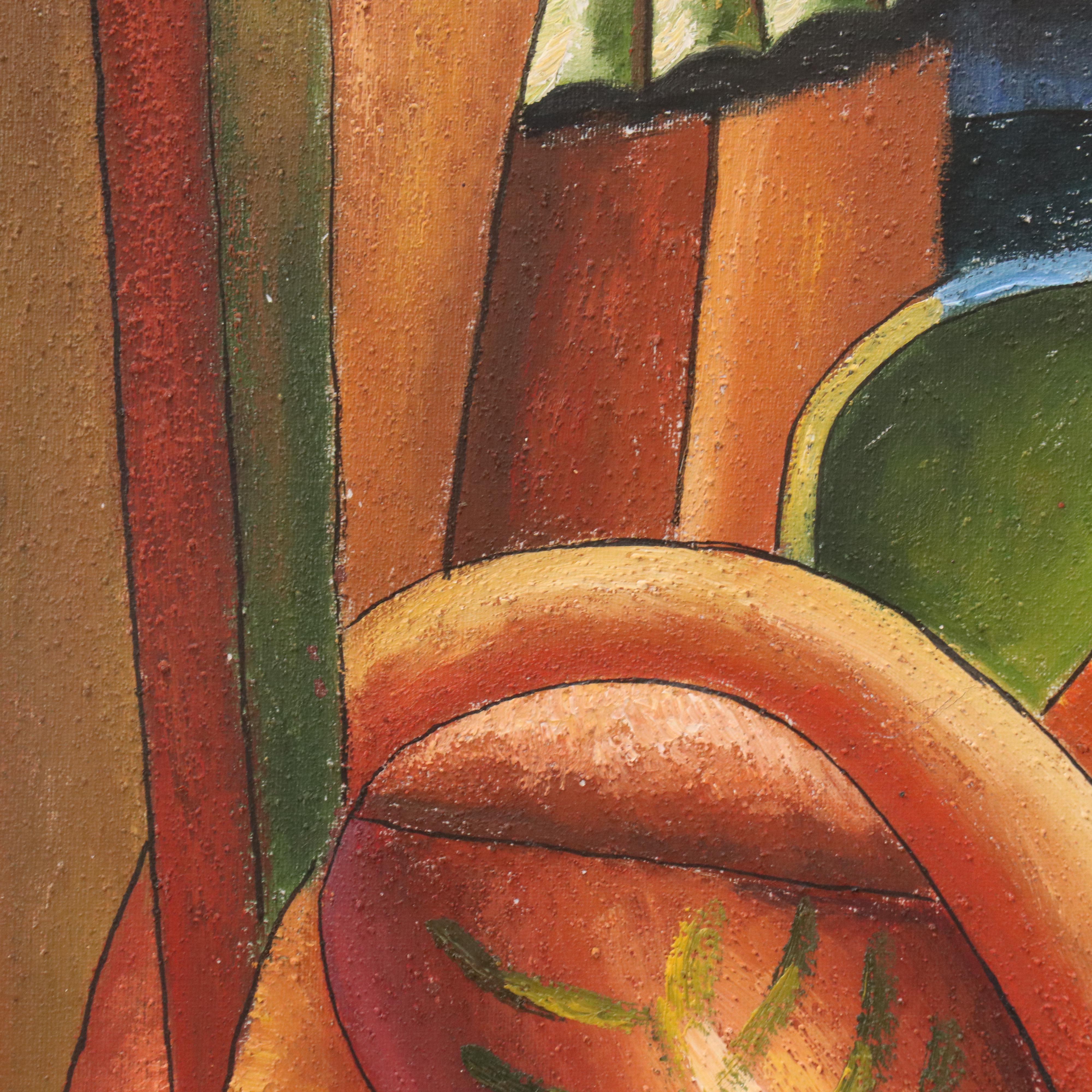 W. Mirkin Cubist Style Oil Painting of Seated Musician