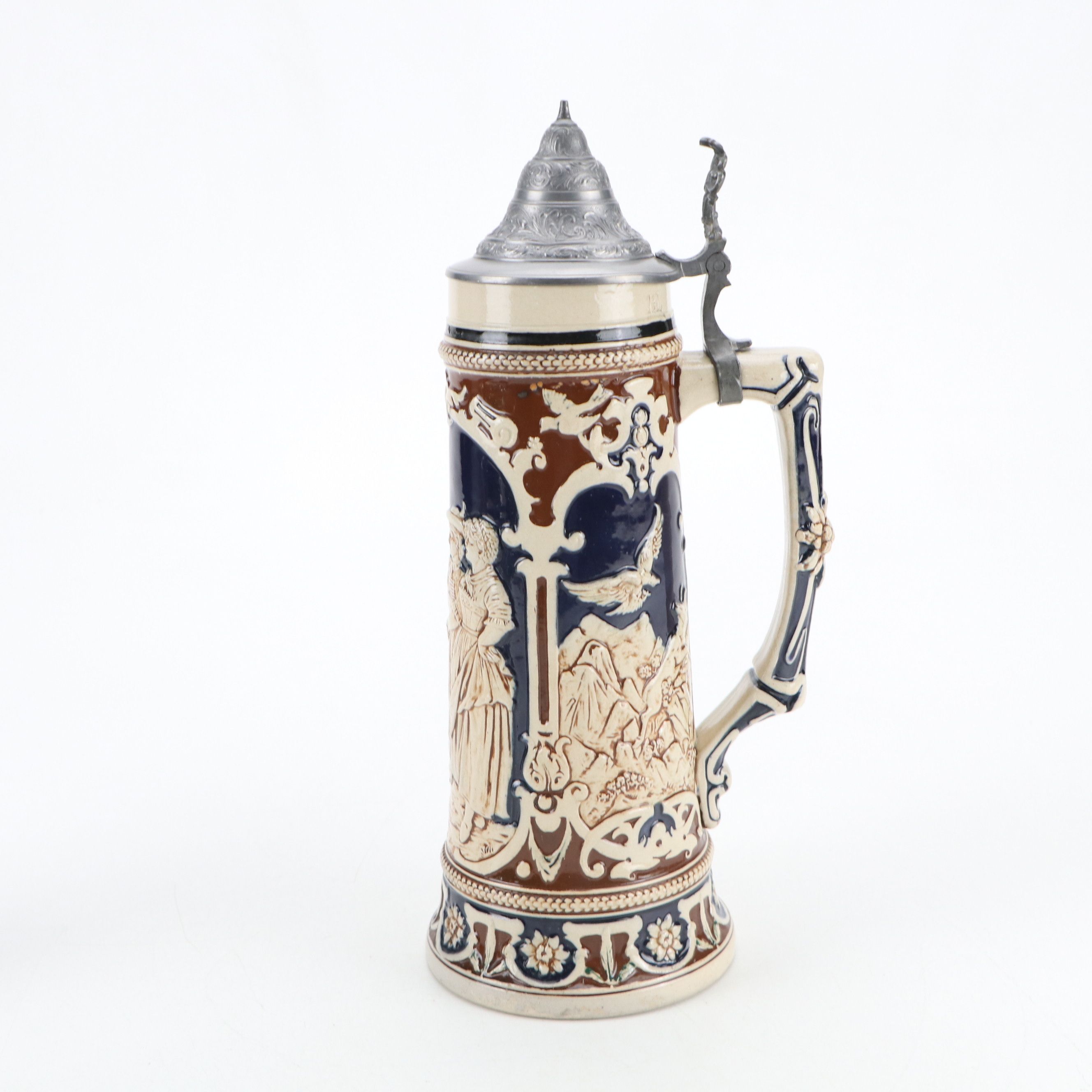 German Molded Stoneware Steins with Pewter Lids, 20th Century