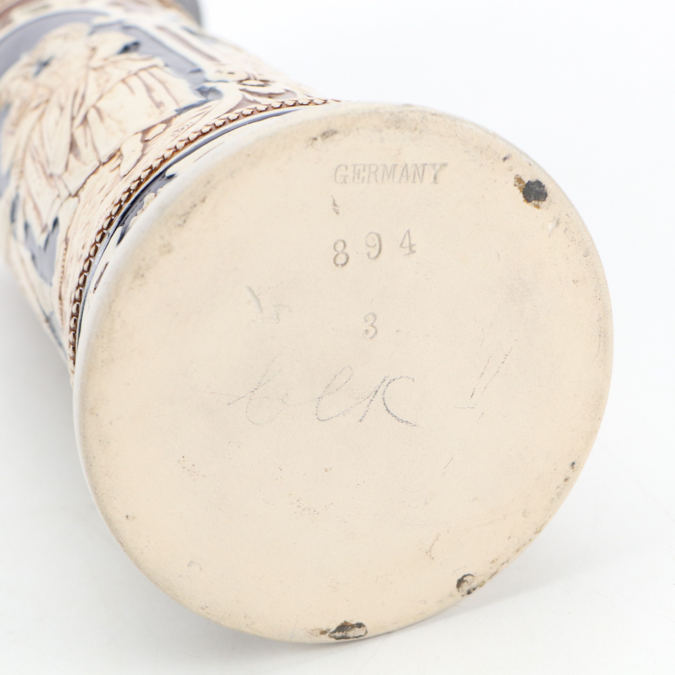 German Molded Stoneware Steins with Pewter Lids, 20th Century