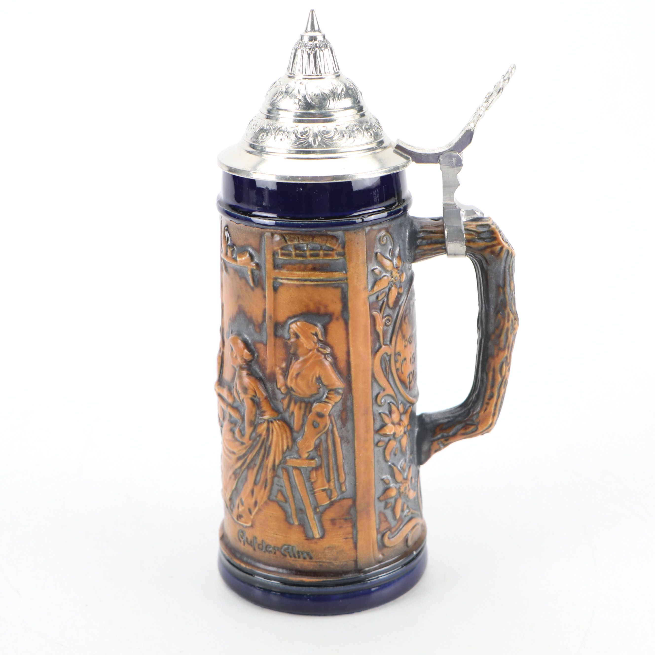 German Molded Stoneware Steins with Pewter Lids, 20th Century