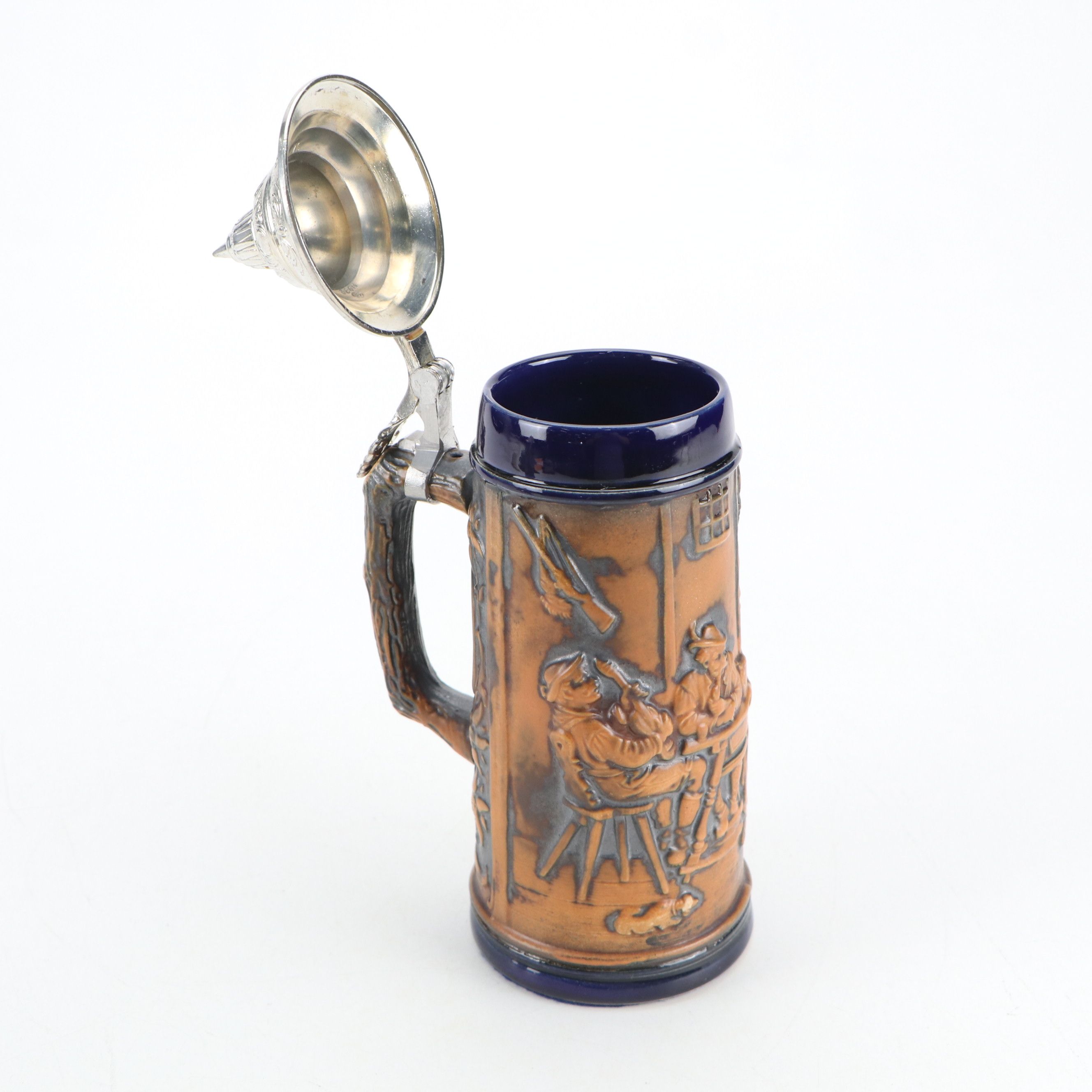 German Molded Stoneware Steins with Pewter Lids, 20th Century