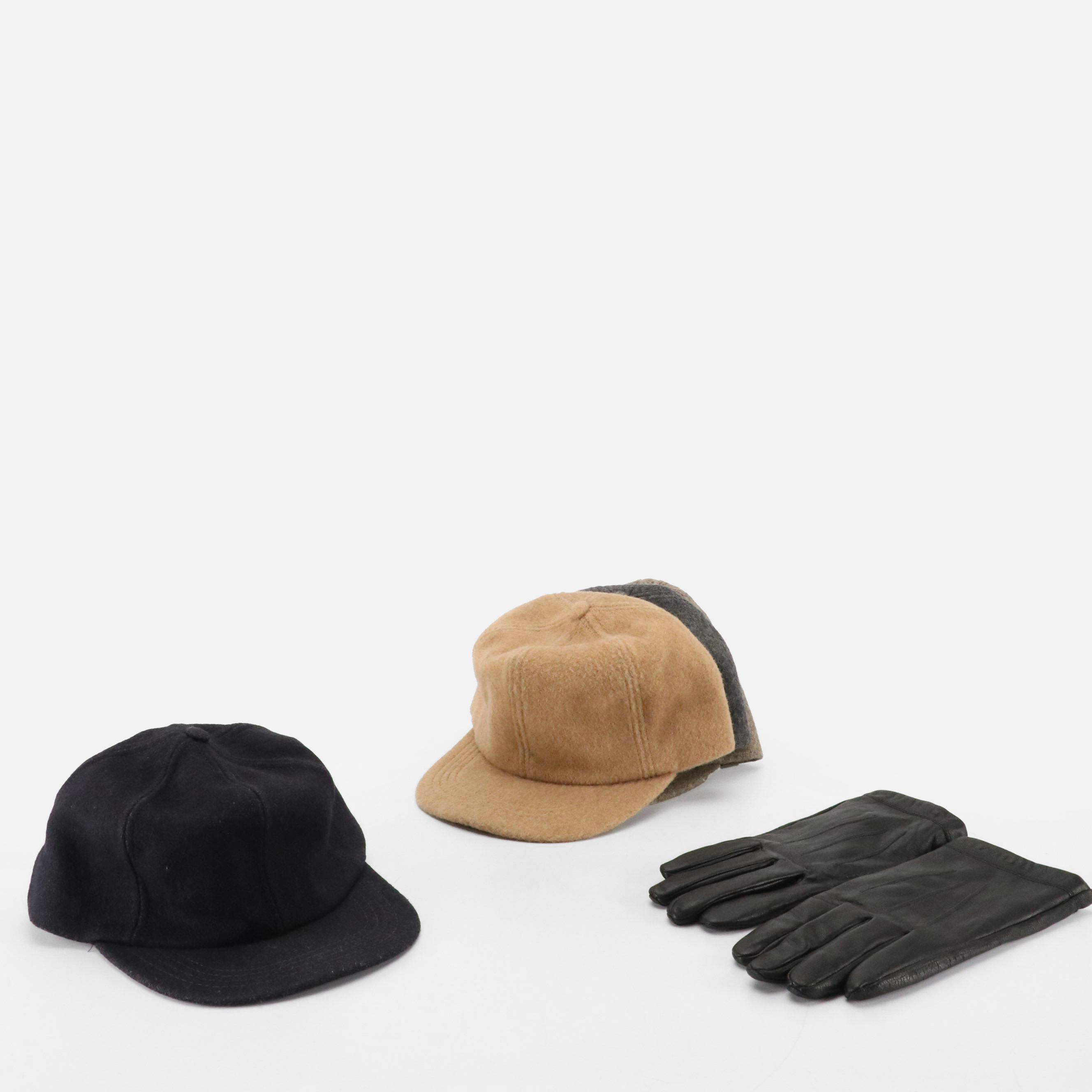 Men's Vintage Wool Hunting Caps with Ear Flaps & Isotoner Leather Gloves in Box