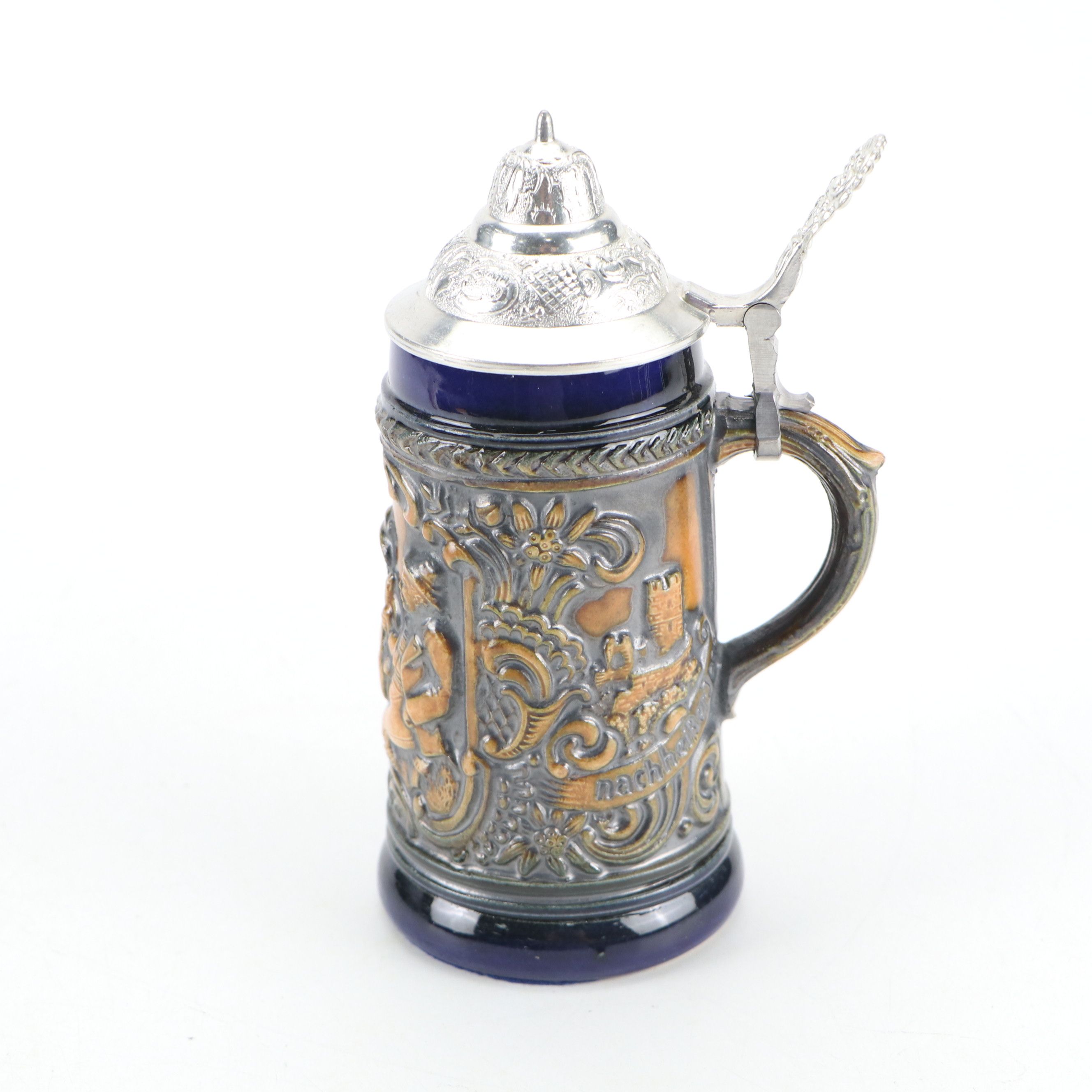 German Molded Stoneware Steins with Pewter Lids, 20th Century