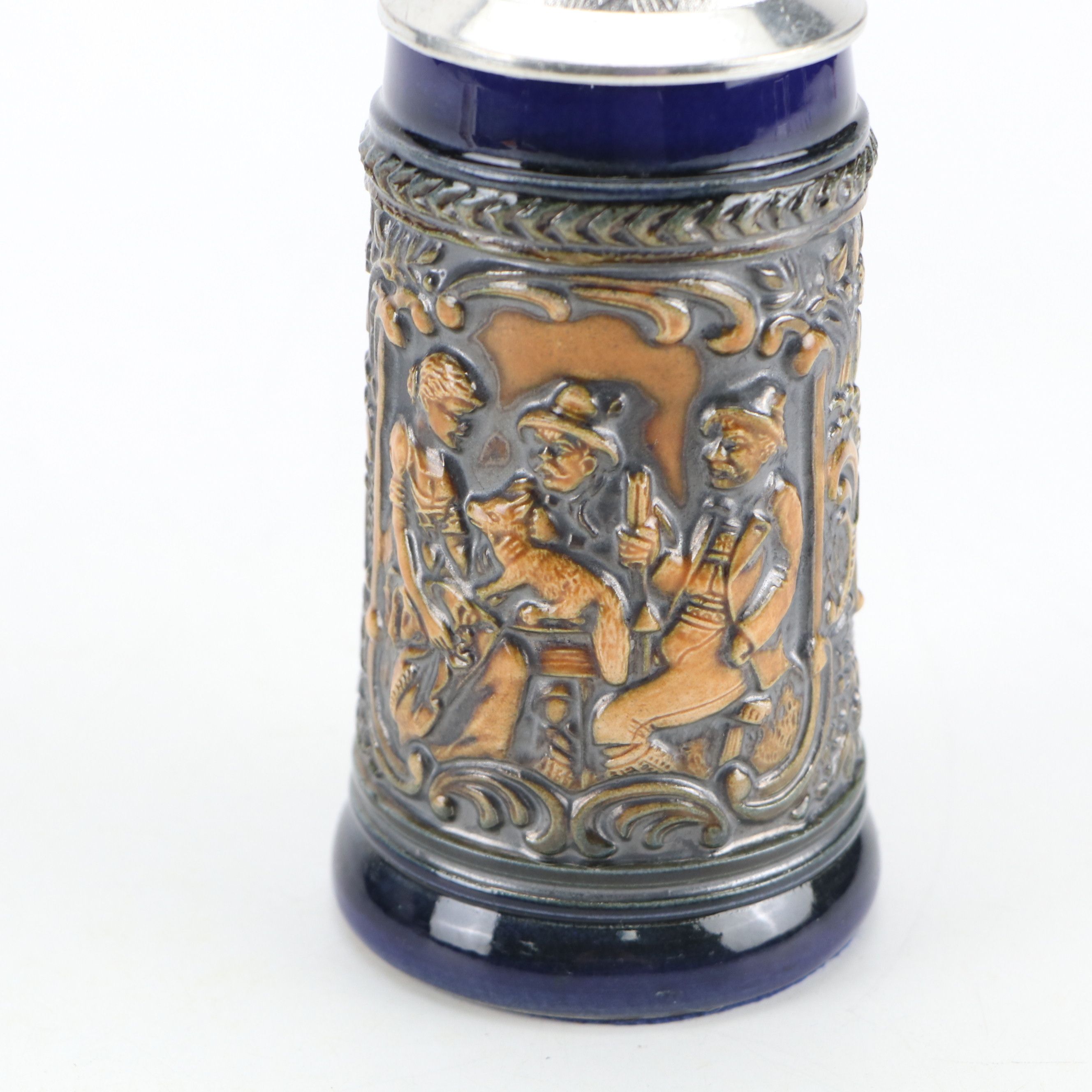 German Molded Stoneware Steins with Pewter Lids, 20th Century