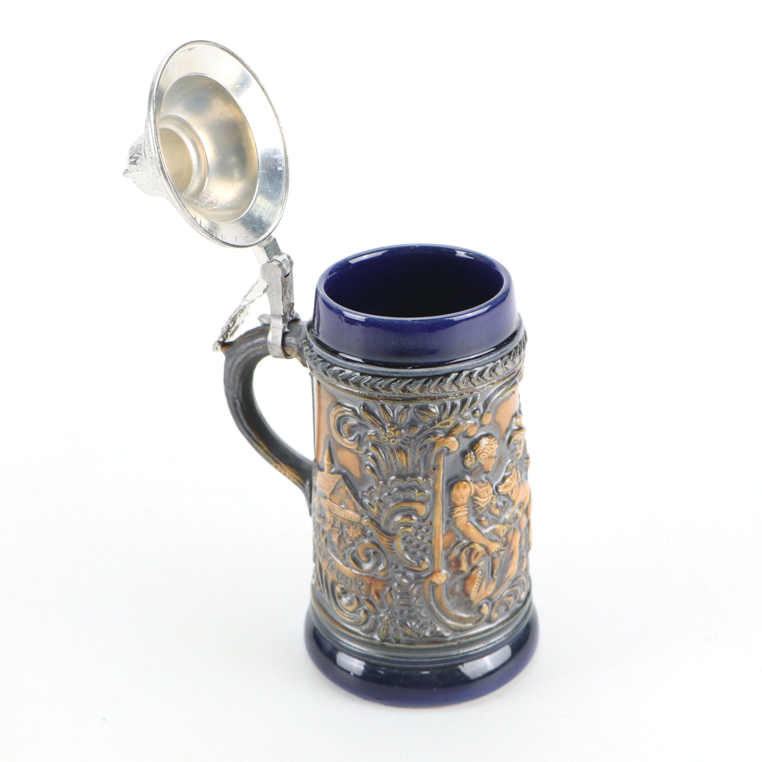 German Molded Stoneware Steins with Pewter Lids, 20th Century