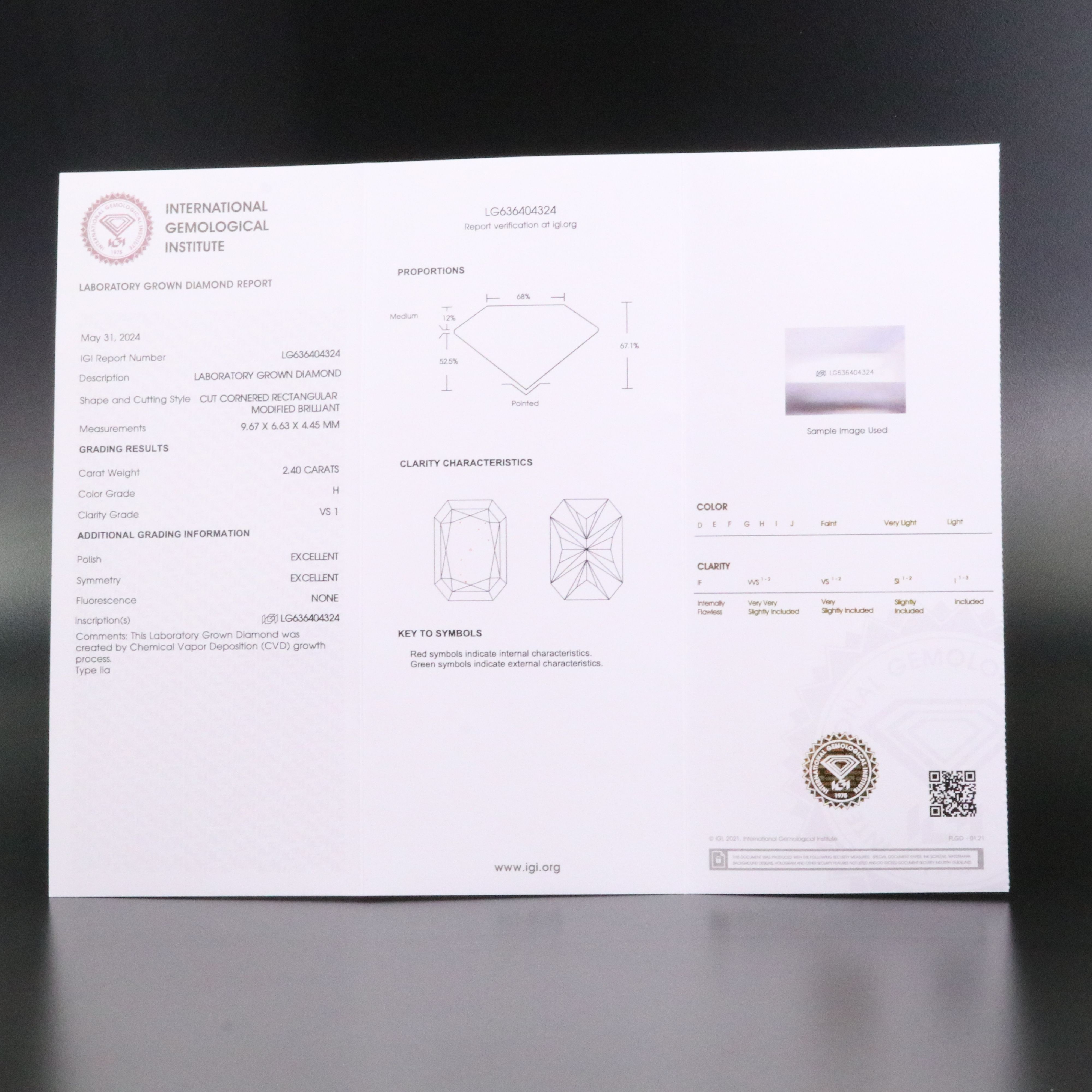 Loose 2.4 CT Lab Grown Diamond with IGI Report