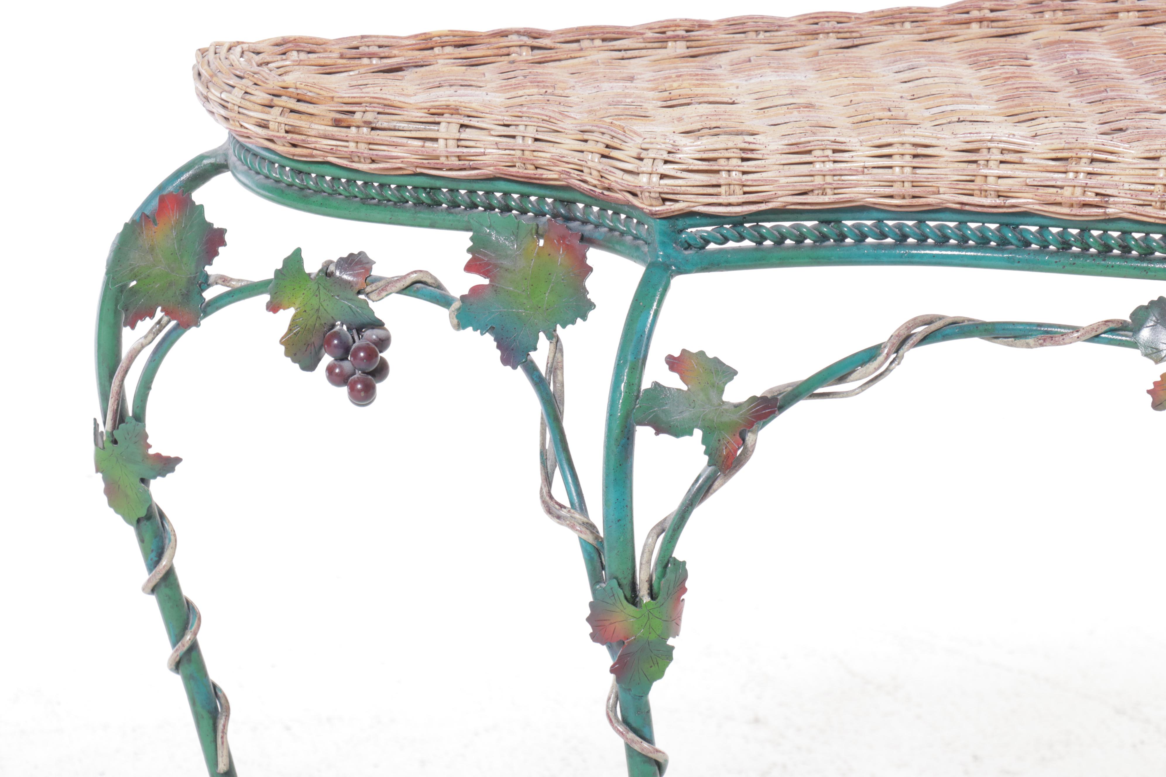 French Provincial Style Rattan and Wrought Iron Grapevine Console Table