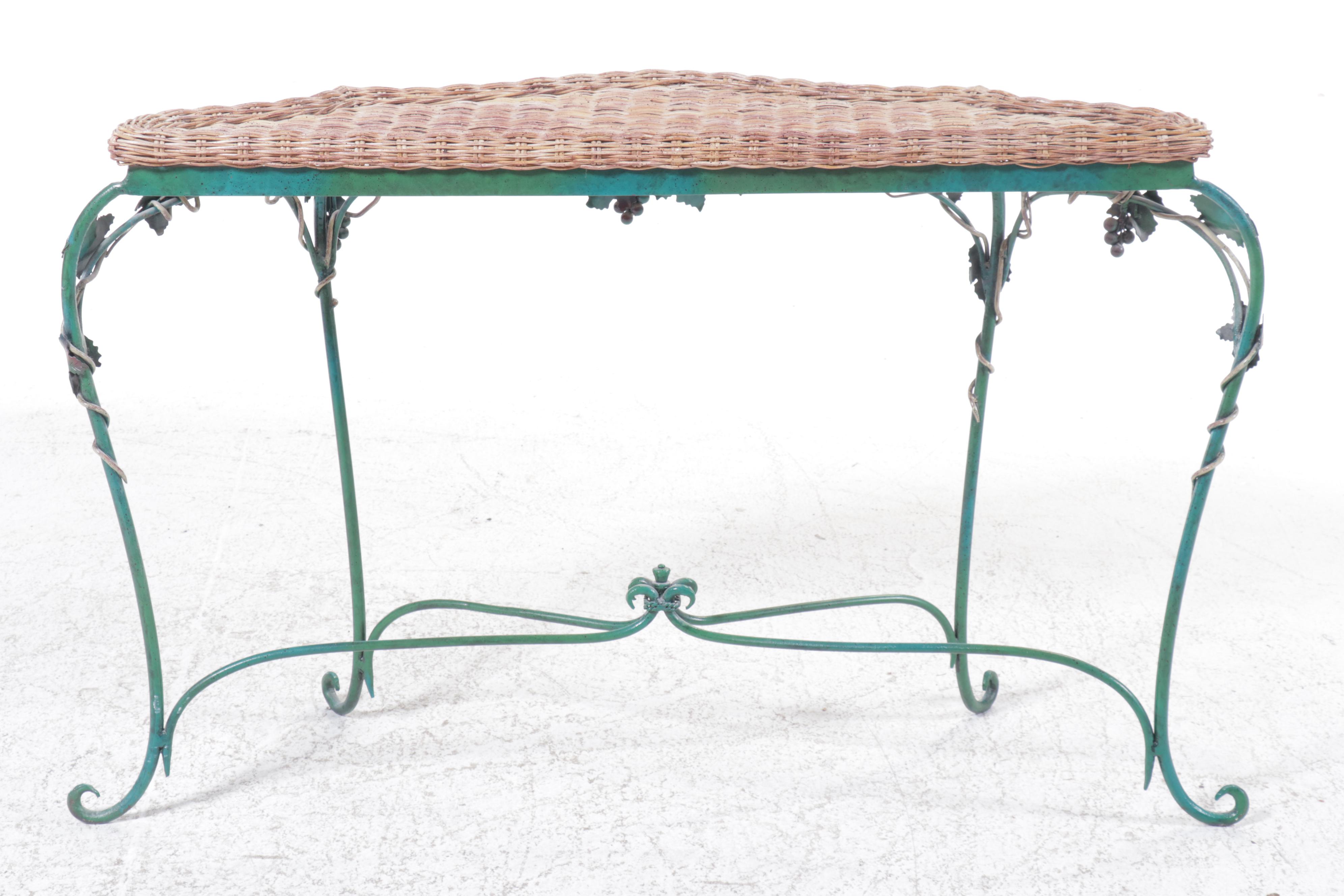 French Provincial Style Rattan and Wrought Iron Grapevine Console Table