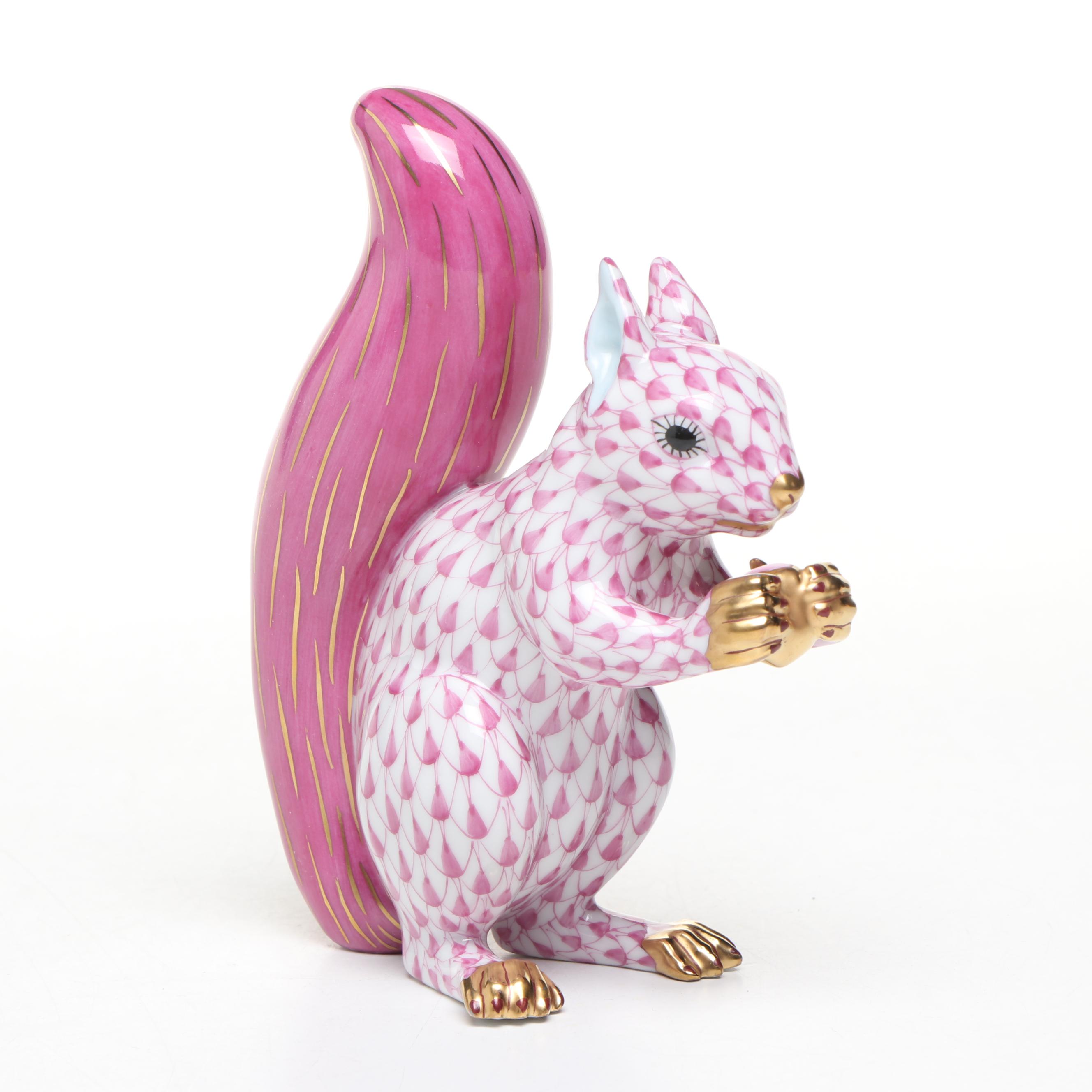 Herend Raspberry Fishnet with Gold "Squirrel" Porcelain Figurine, 1995