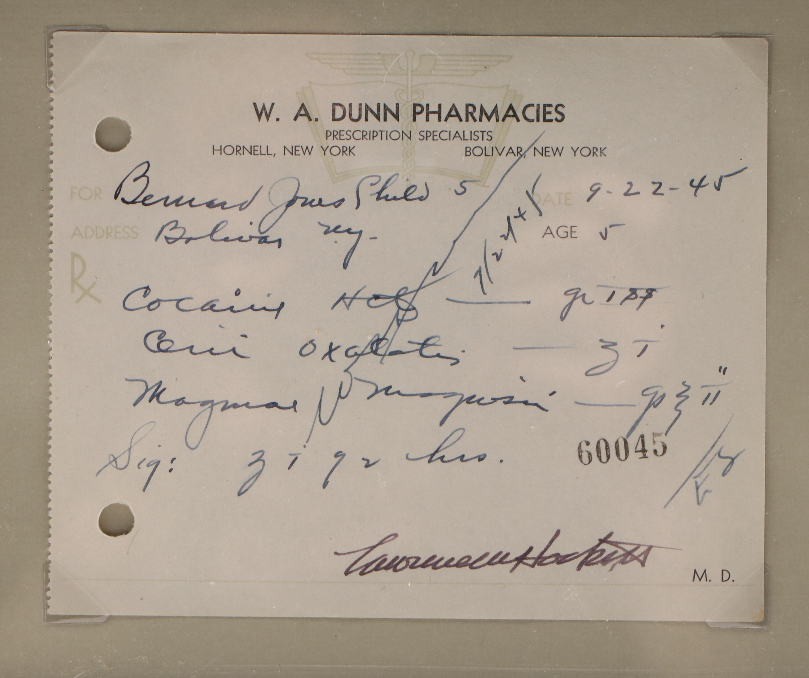 Prescription Form for Cocaine, 1945