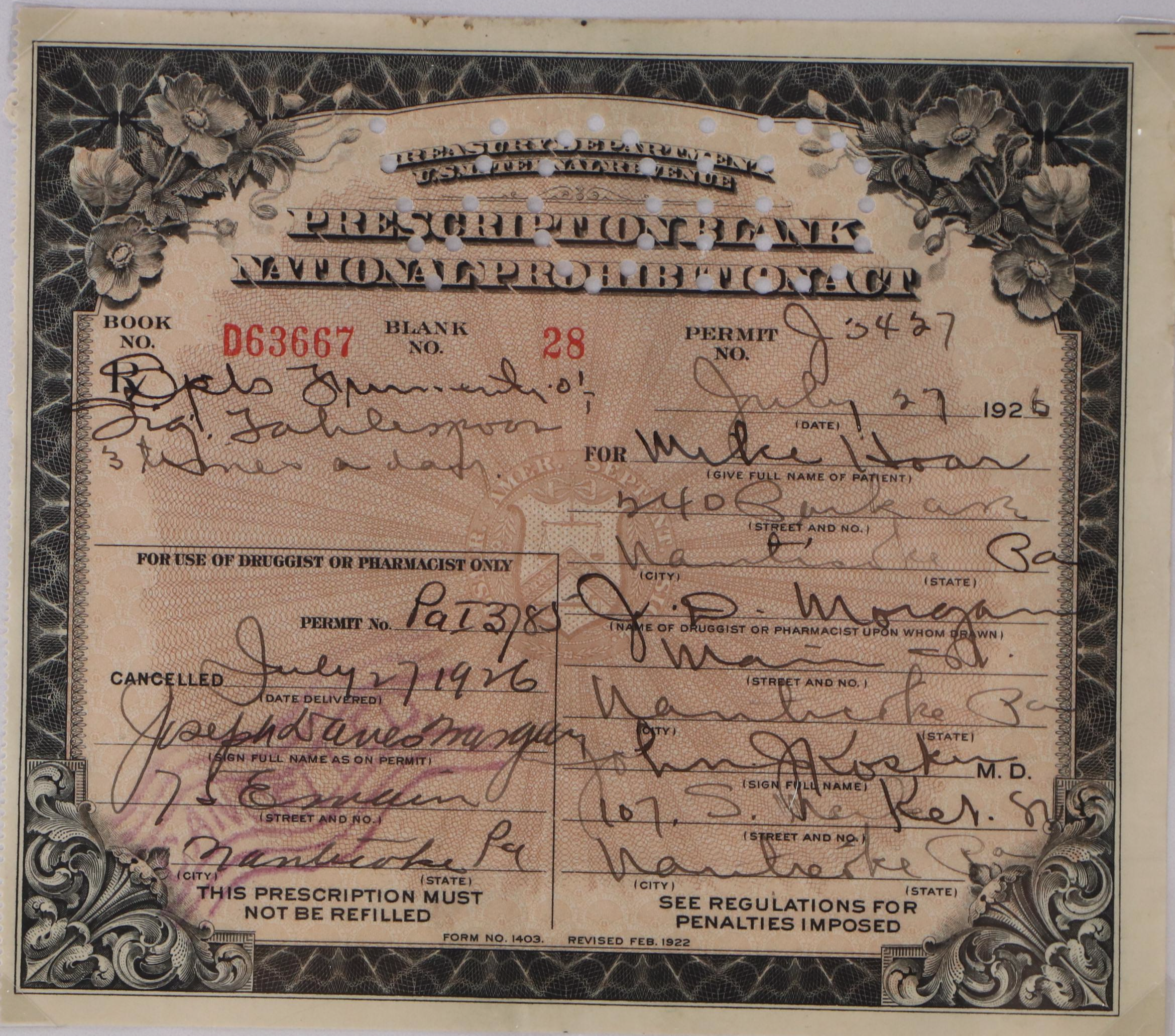 Prohibition Era Prescription Form for Alcohol, 1926