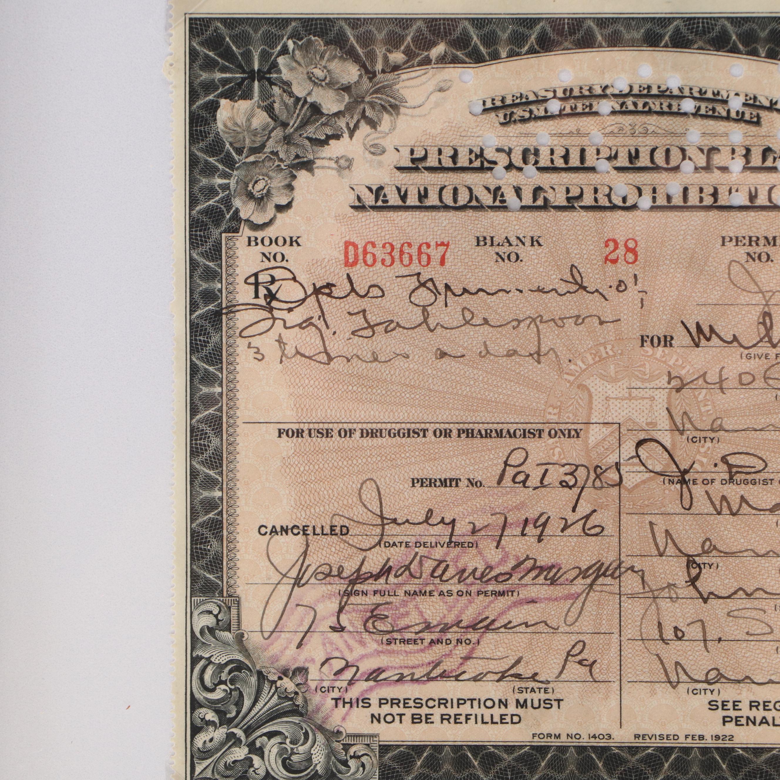 Prohibition Era Prescription Form for Alcohol, 1926