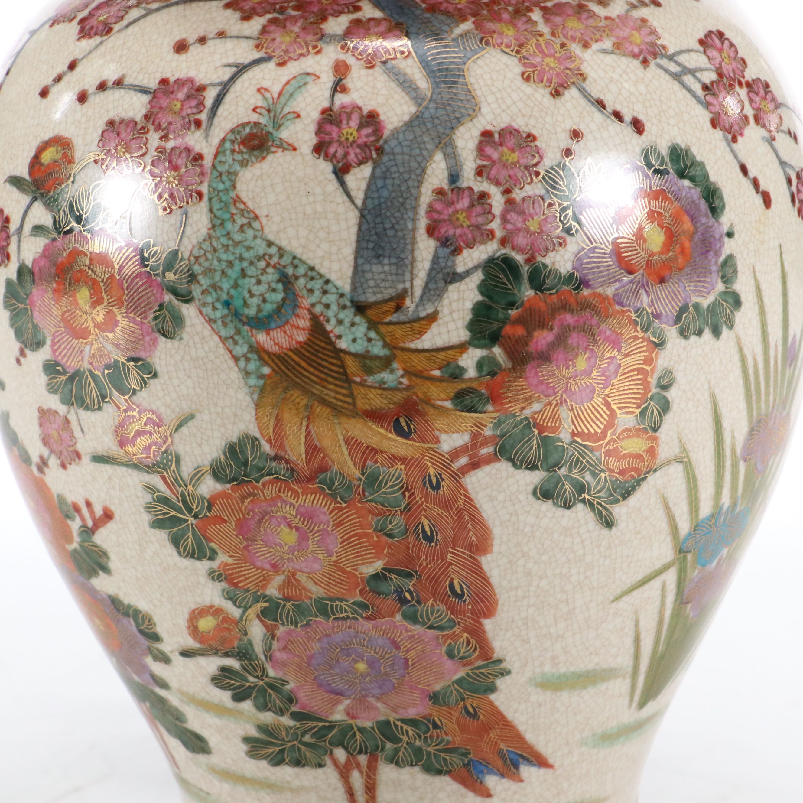 Chinese Satsuma Style Porcelain Ginger Jar Lamp with Box Pleat Silk Shade