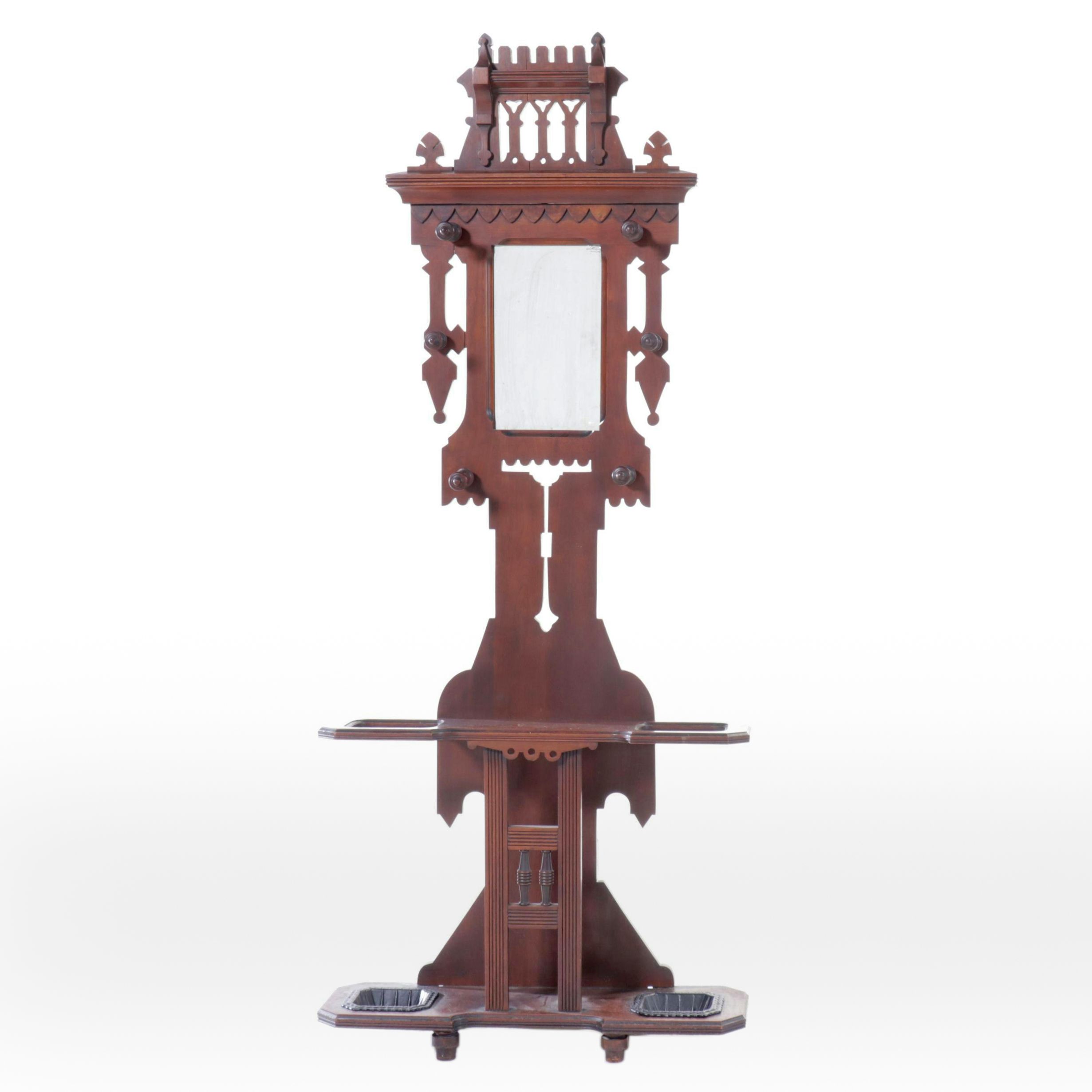 Victorian Eastlake Walnut Hall Tree, Late 19th/Early 20th Century