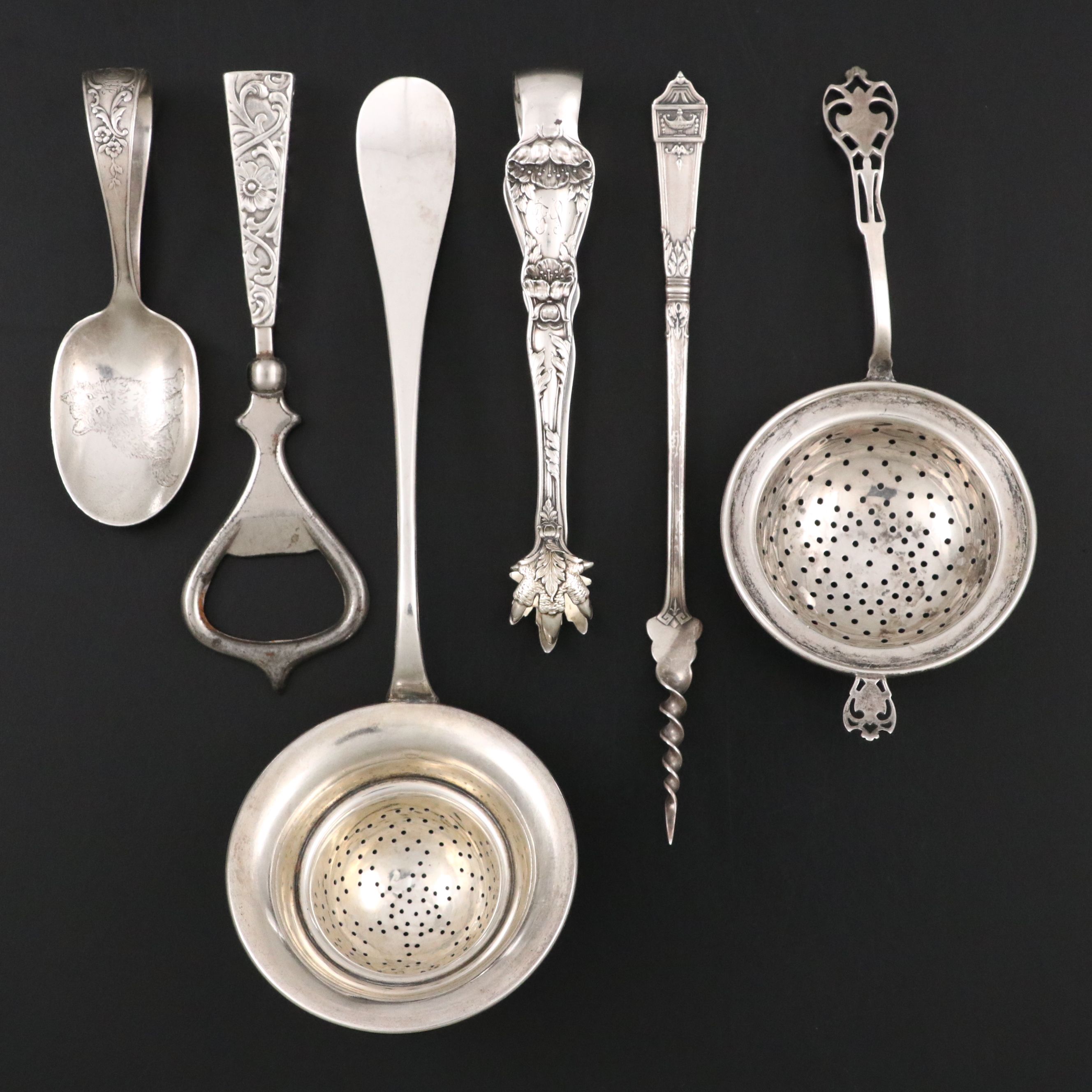 Sterling Silver Tea Strainer, Tongs and Pick with Other Silver Utensils