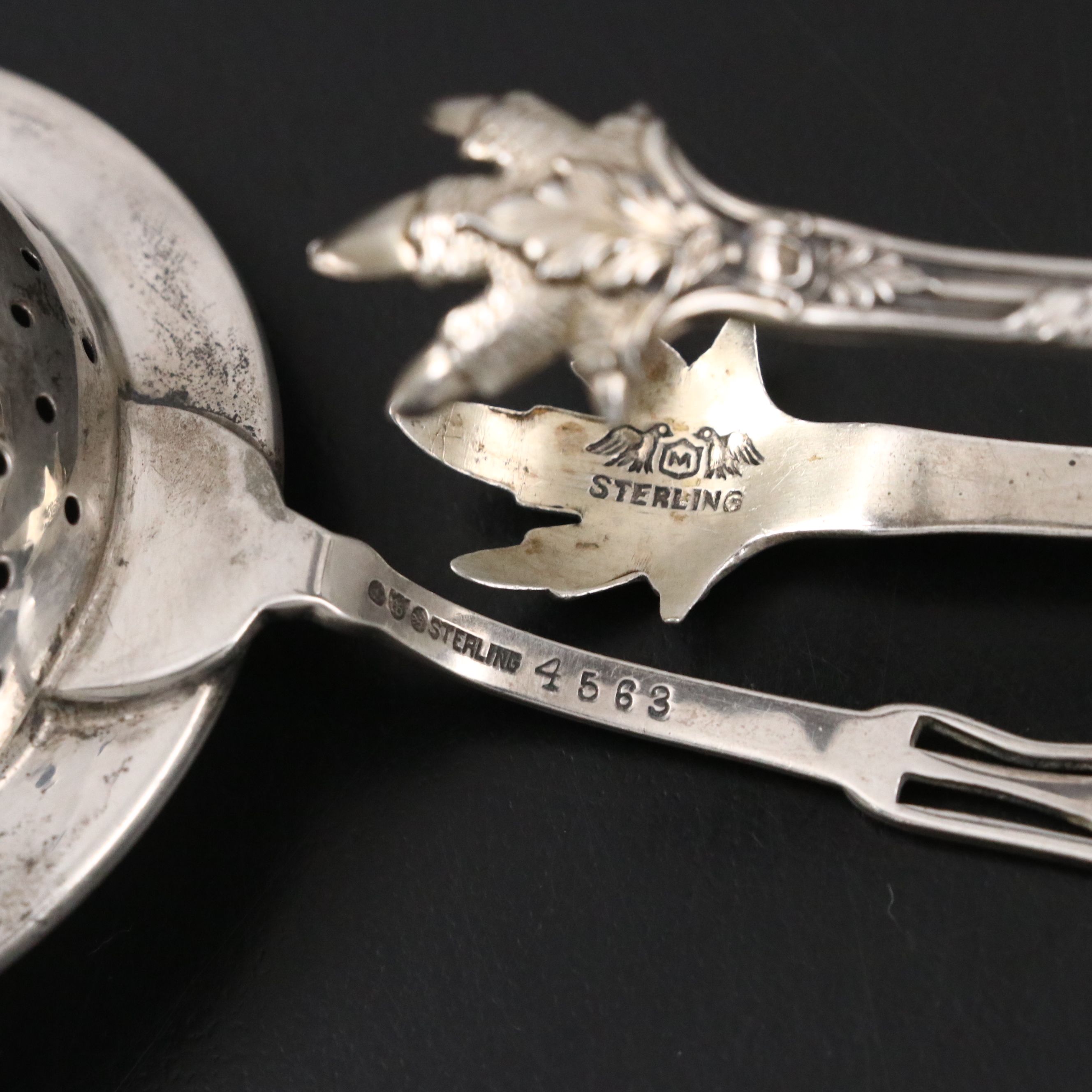 Sterling Silver Tea Strainer, Tongs and Pick with Other Silver Utensils
