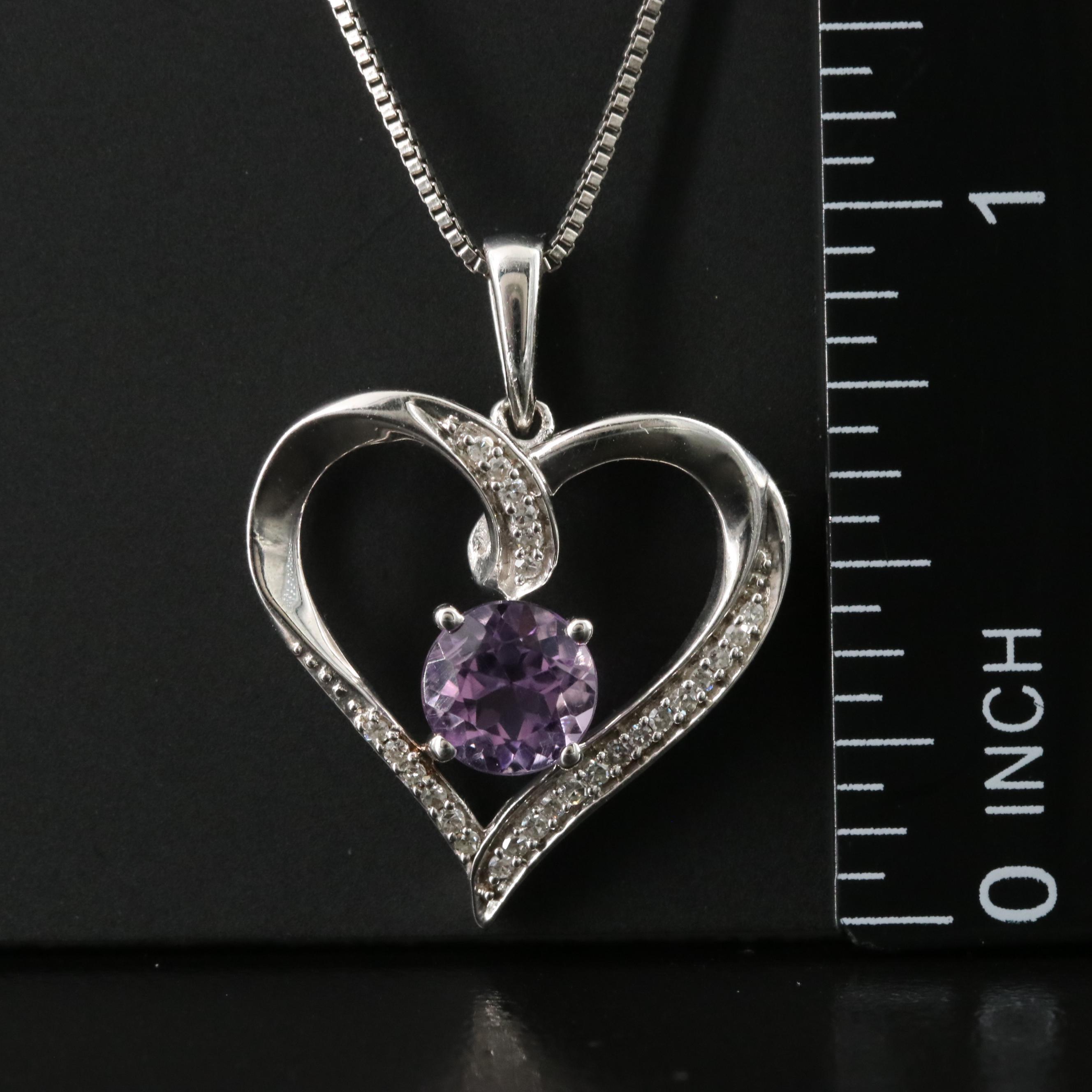 Sterling Amethyst and Diamond Heart Pendant Necklace