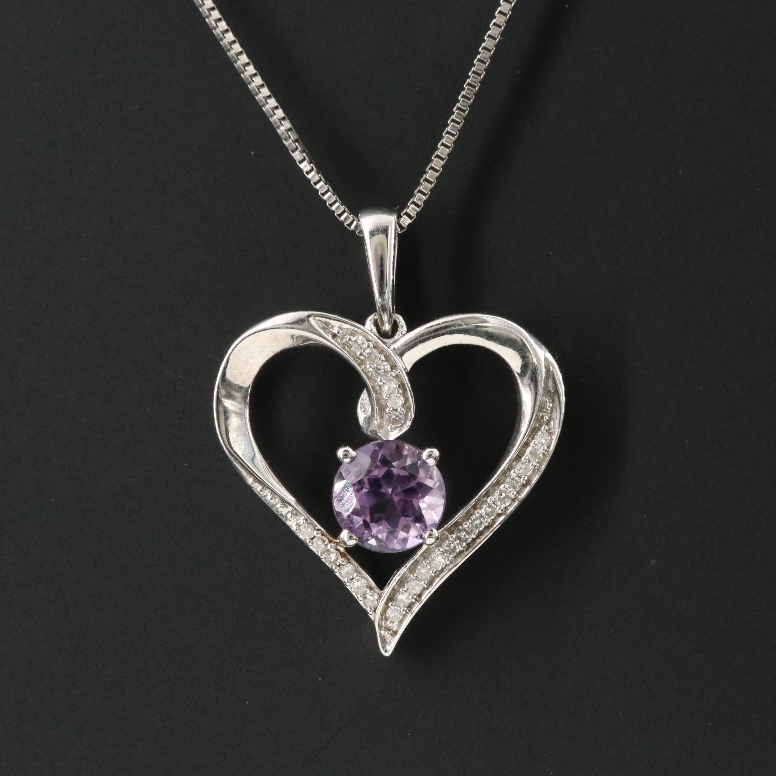 Sterling Amethyst and Diamond Heart Pendant Necklace