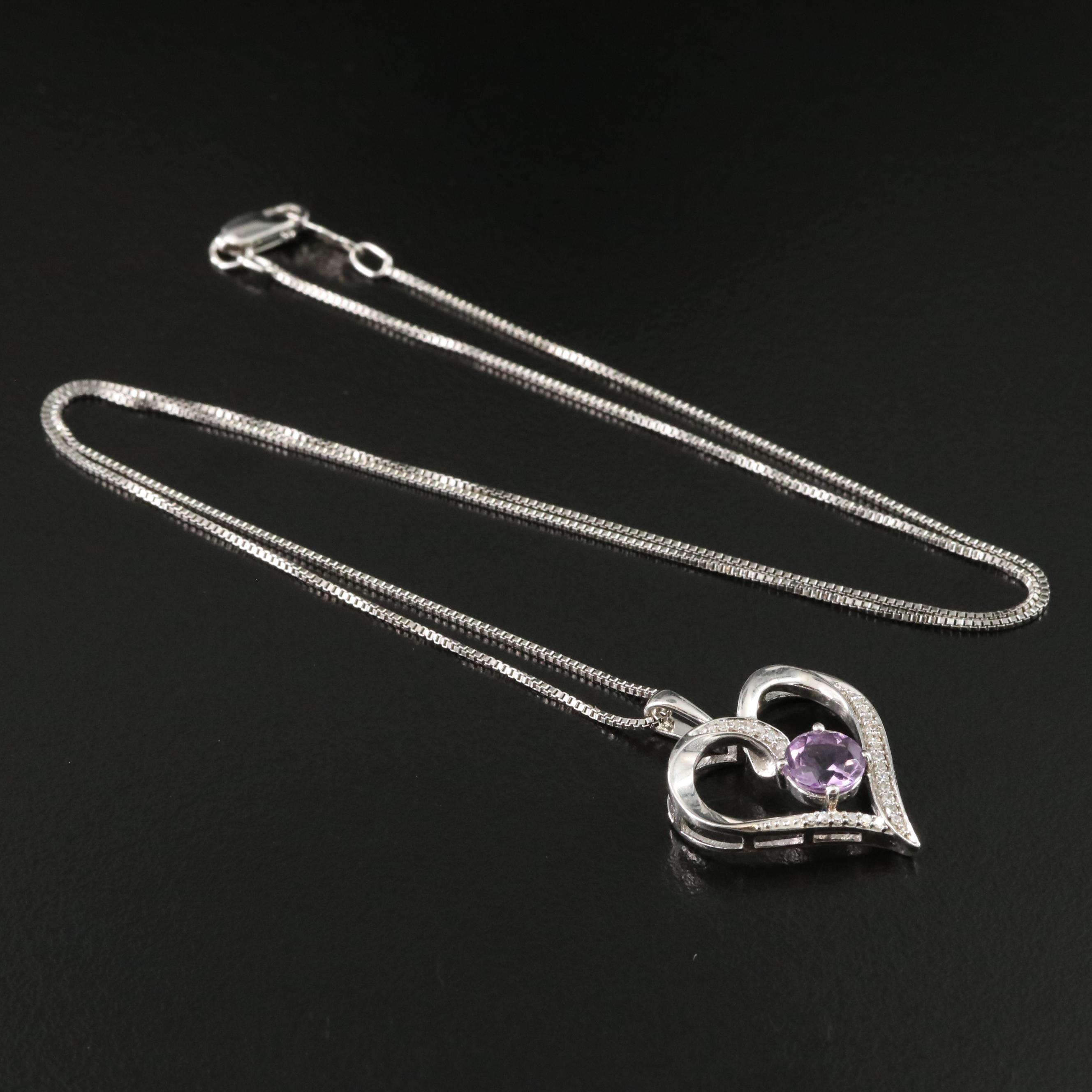 Sterling Amethyst and Diamond Heart Pendant Necklace