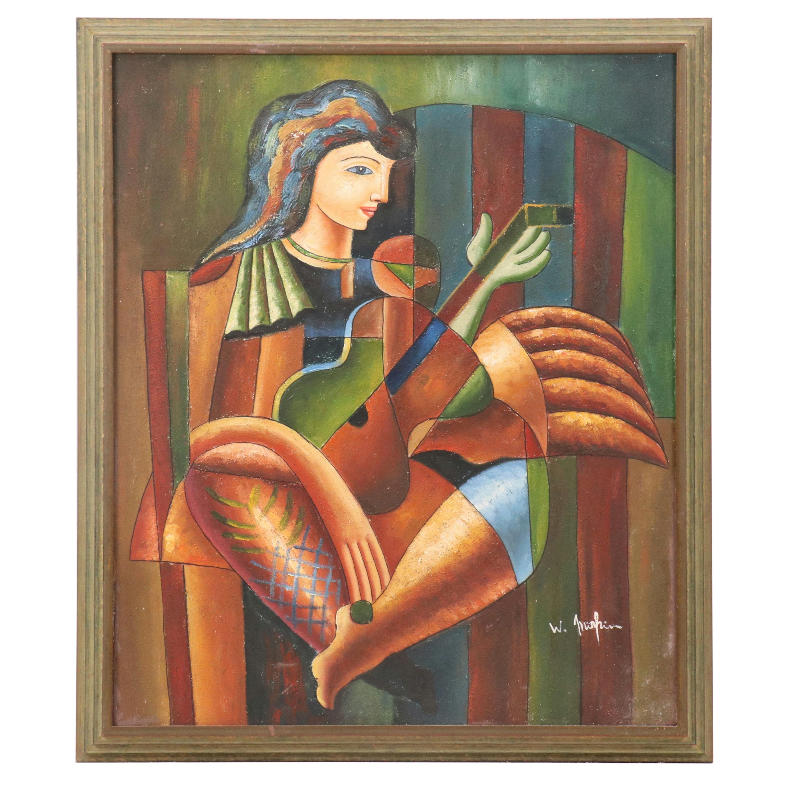 W. Mirkin Cubist Style Oil Painting of Seated Musician