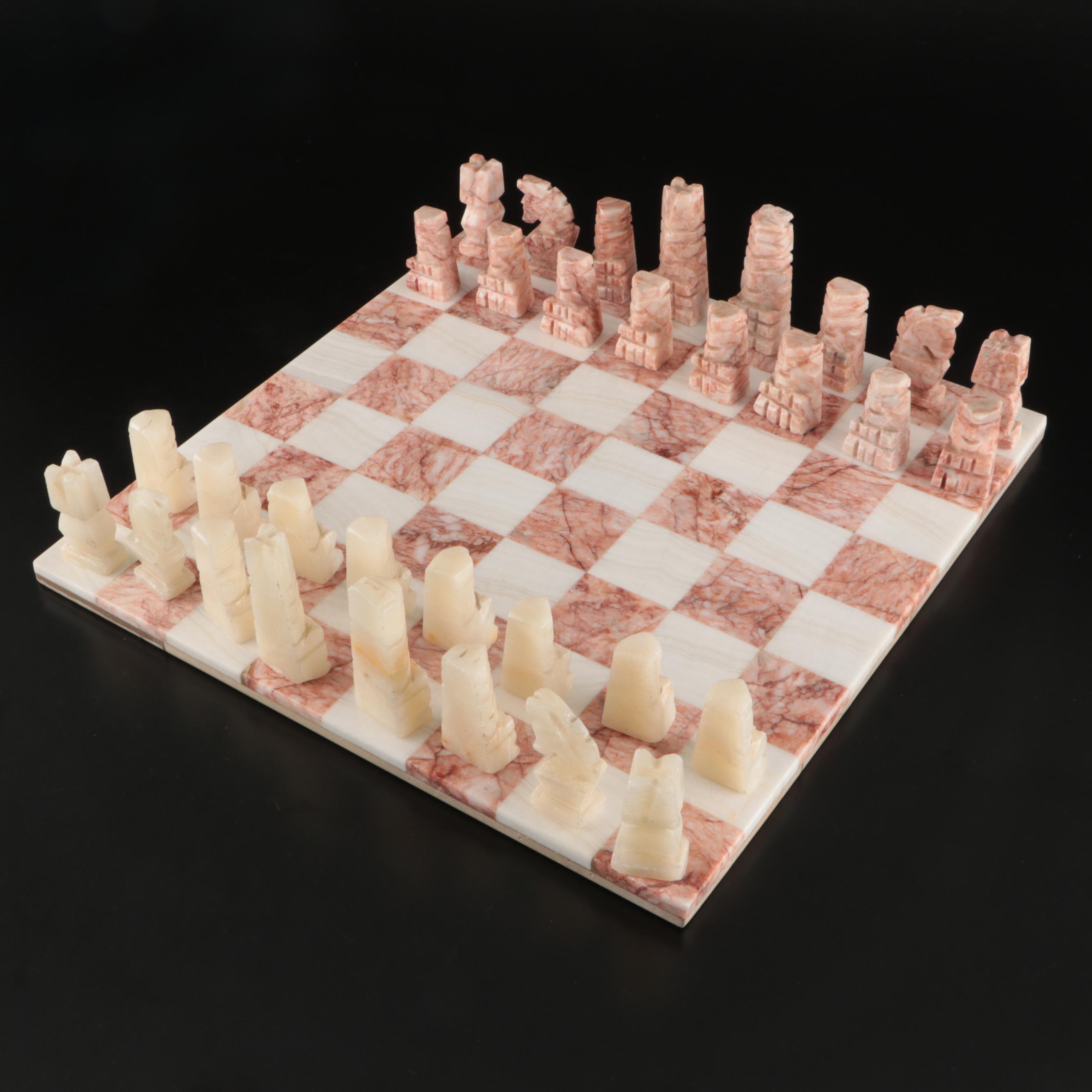 Mesoamerican Style Geometric Marble and Calcite Chess Set