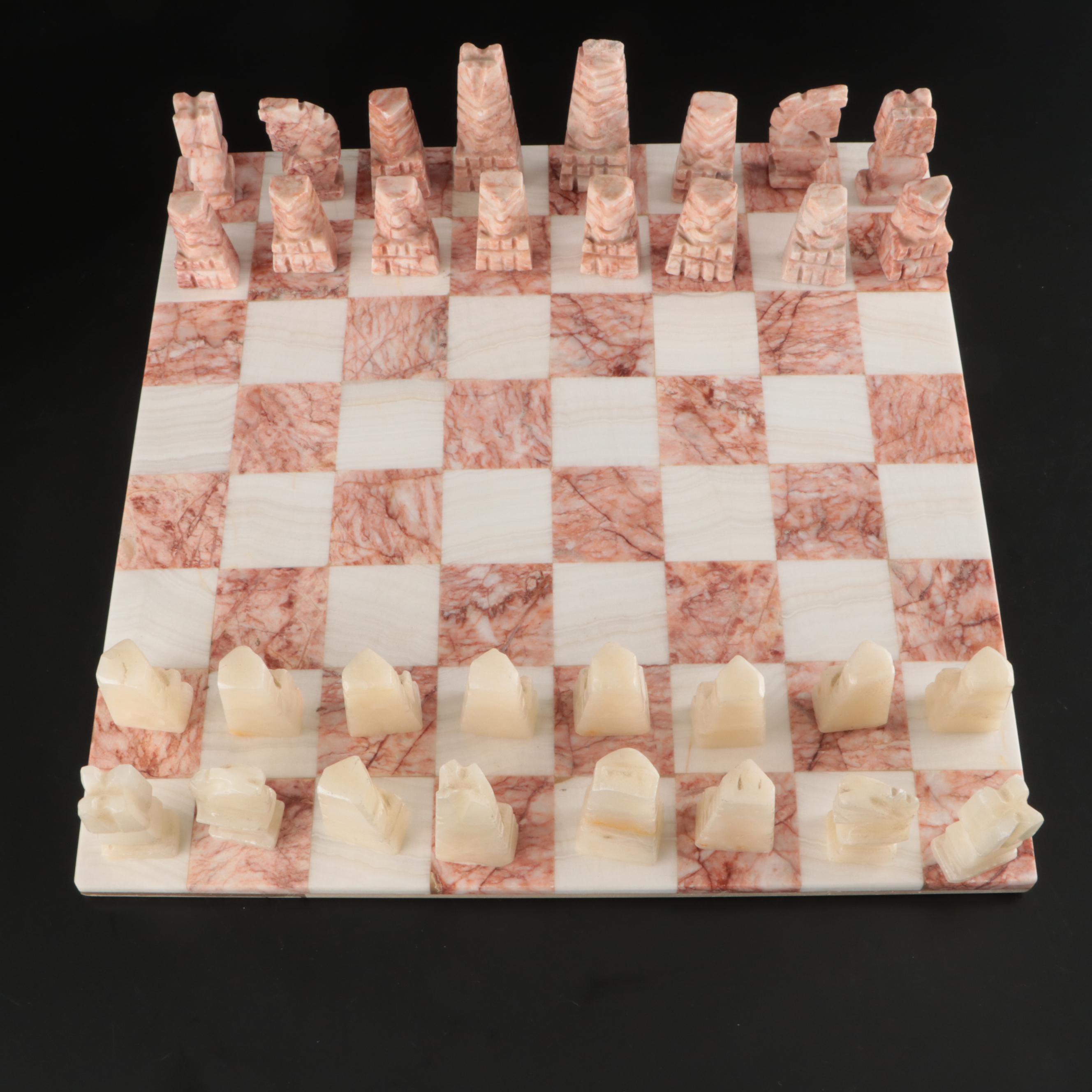 Mesoamerican Style Geometric Marble and Calcite Chess Set