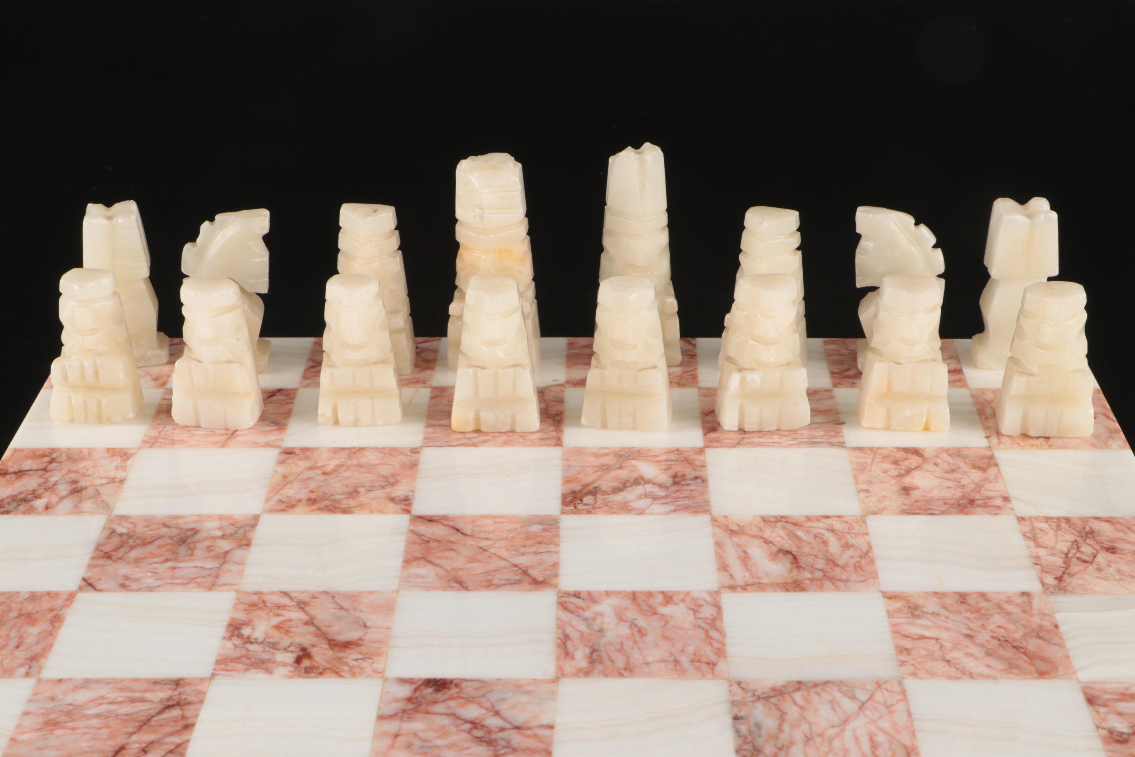 Mesoamerican Style Geometric Marble and Calcite Chess Set