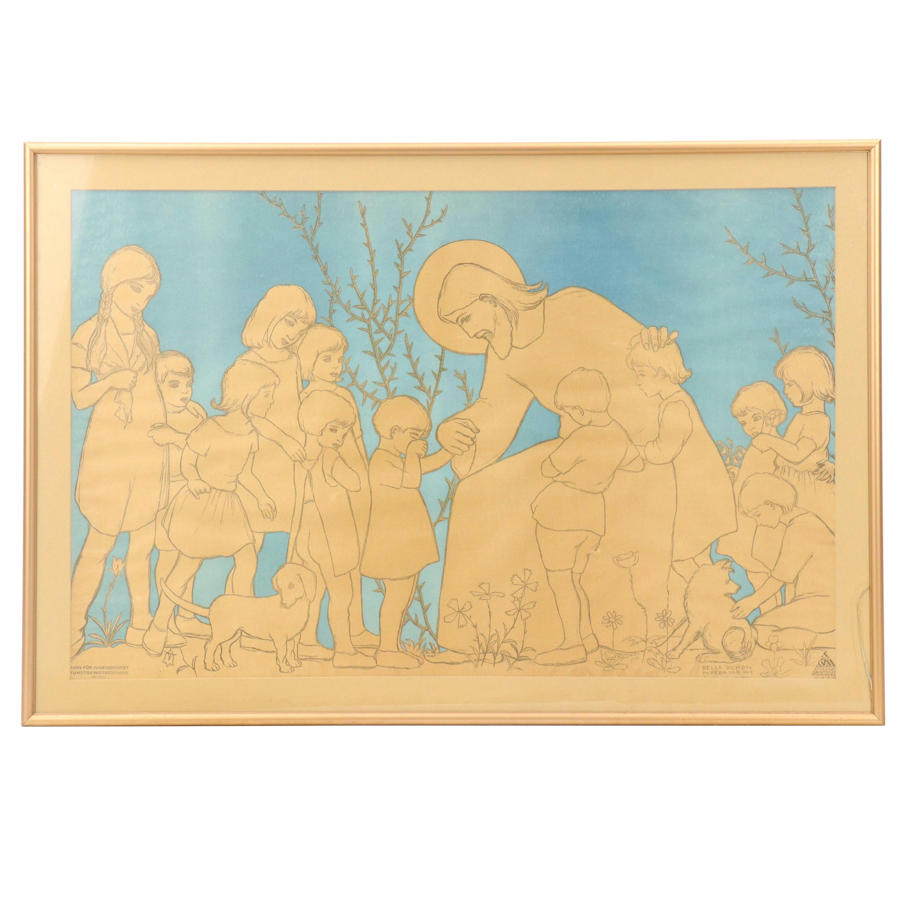 Lithograph After Bella Vichon "Jesus Blessing the Children"