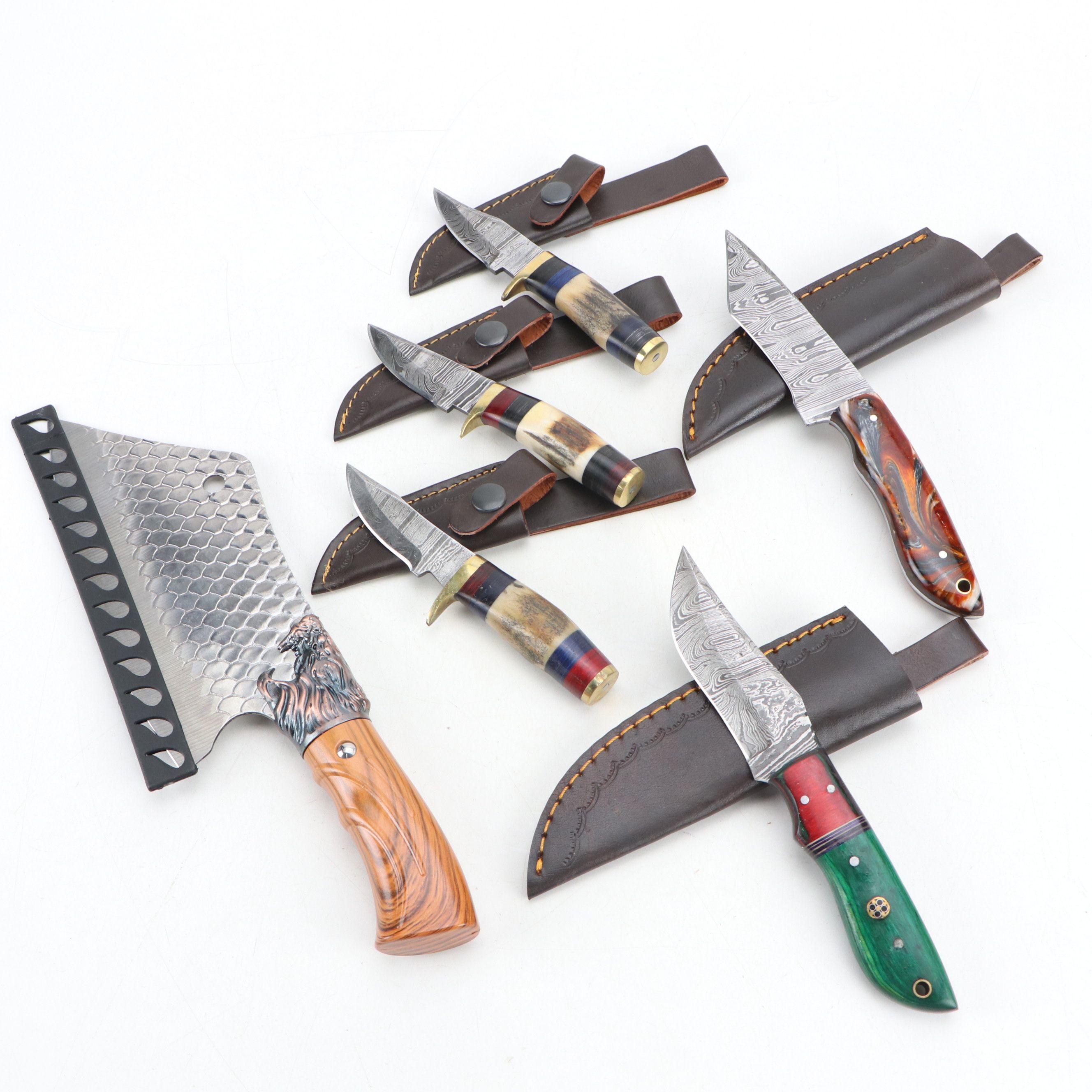 Damascus Steel and Antler Handled Skinner Knives with Hunting Knives and Cleaver