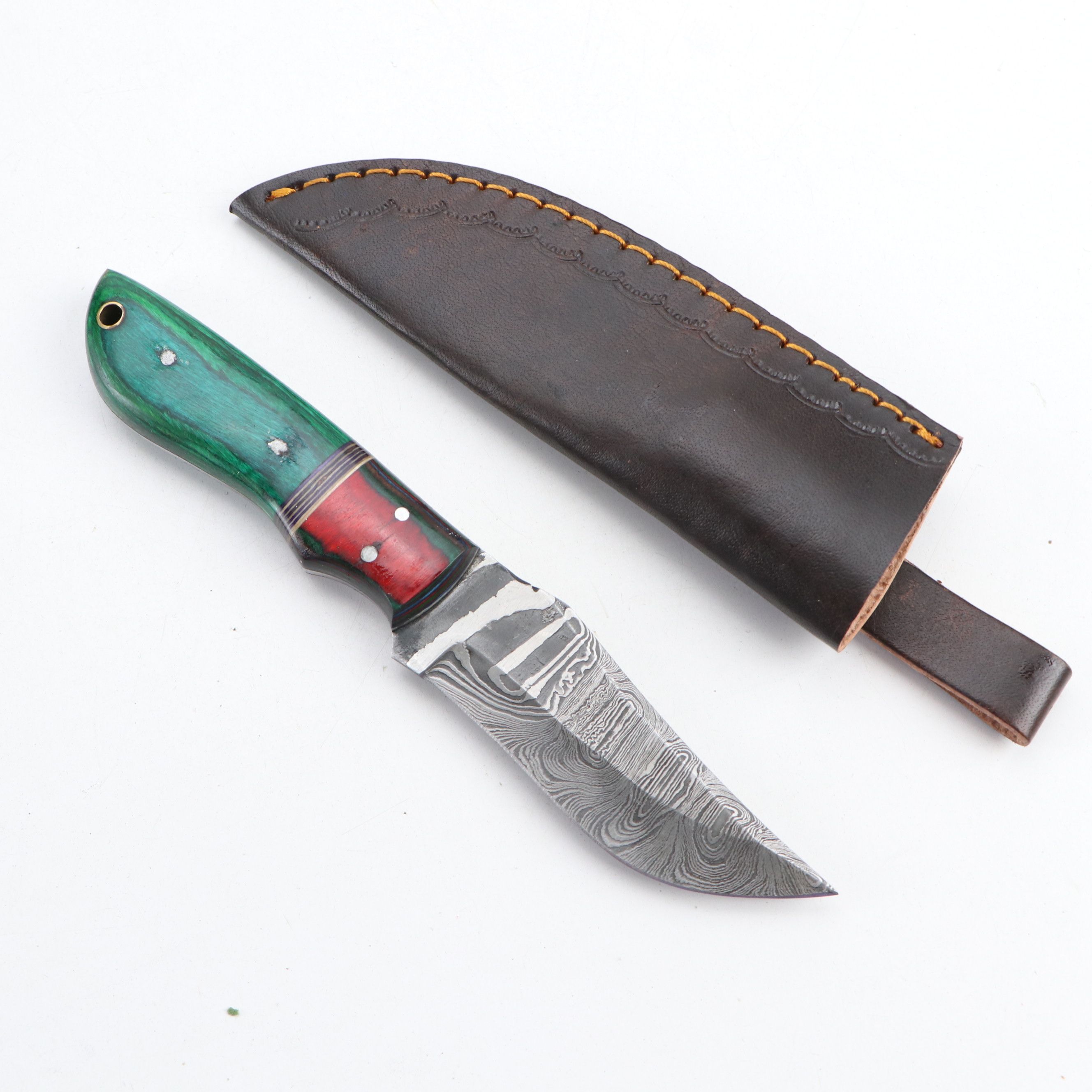 Damascus Steel and Antler Handled Skinner Knives with Hunting Knives and Cleaver