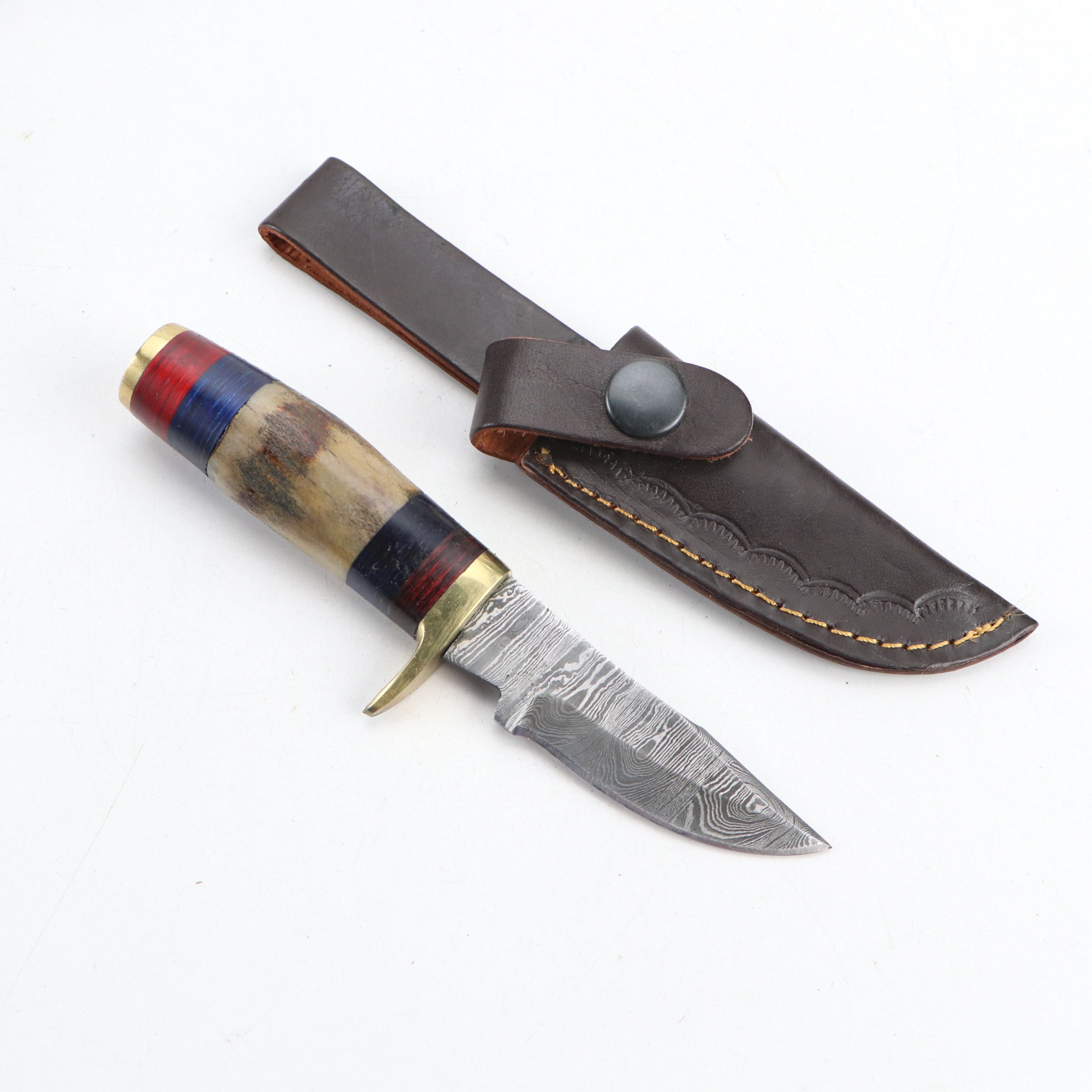 Damascus Steel and Antler Handled Skinner Knives with Hunting Knives and Cleaver