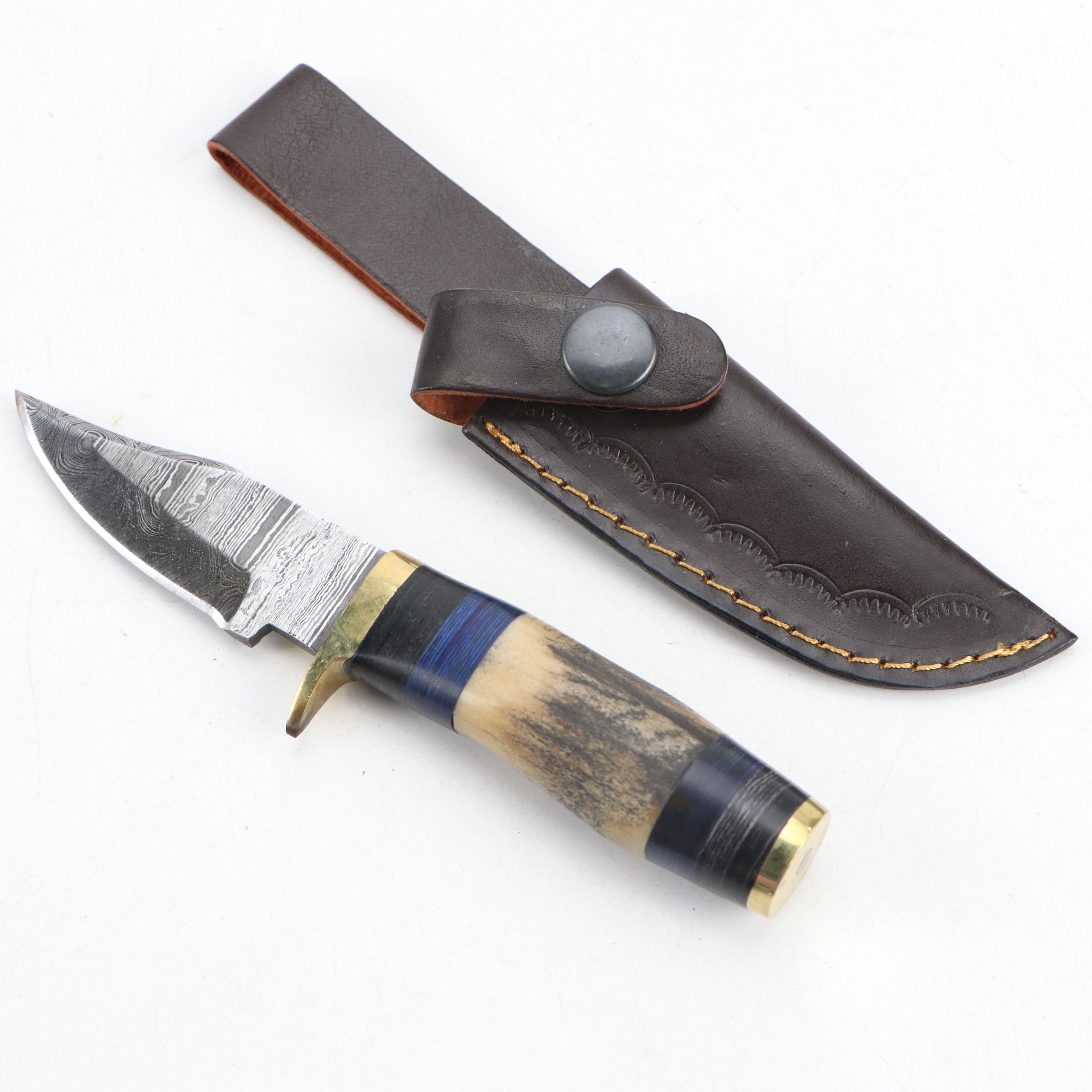 Damascus Steel and Antler Handled Skinner Knives with Hunting Knives and Cleaver