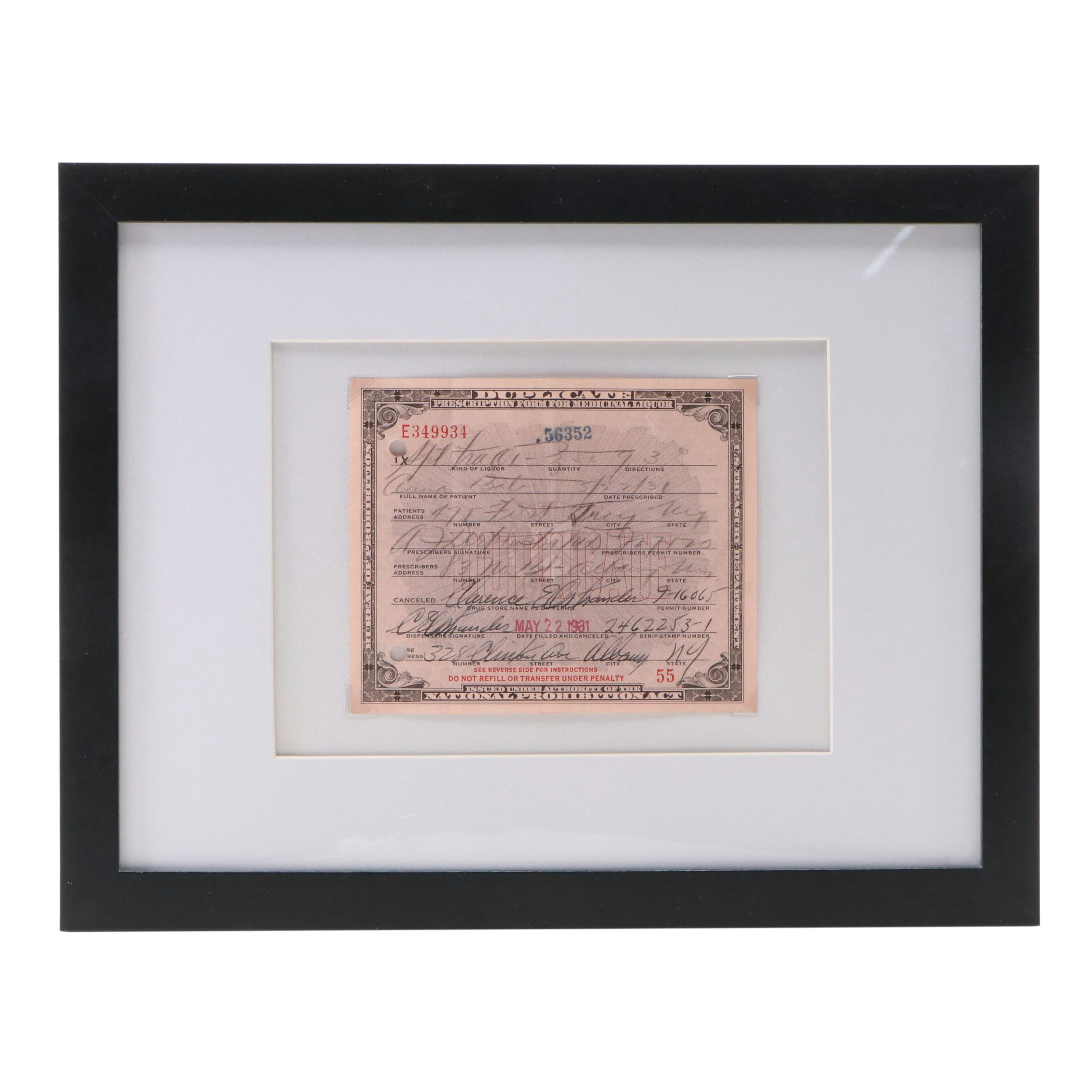Prohibition Era Prescription Form for Alcohol, 1931