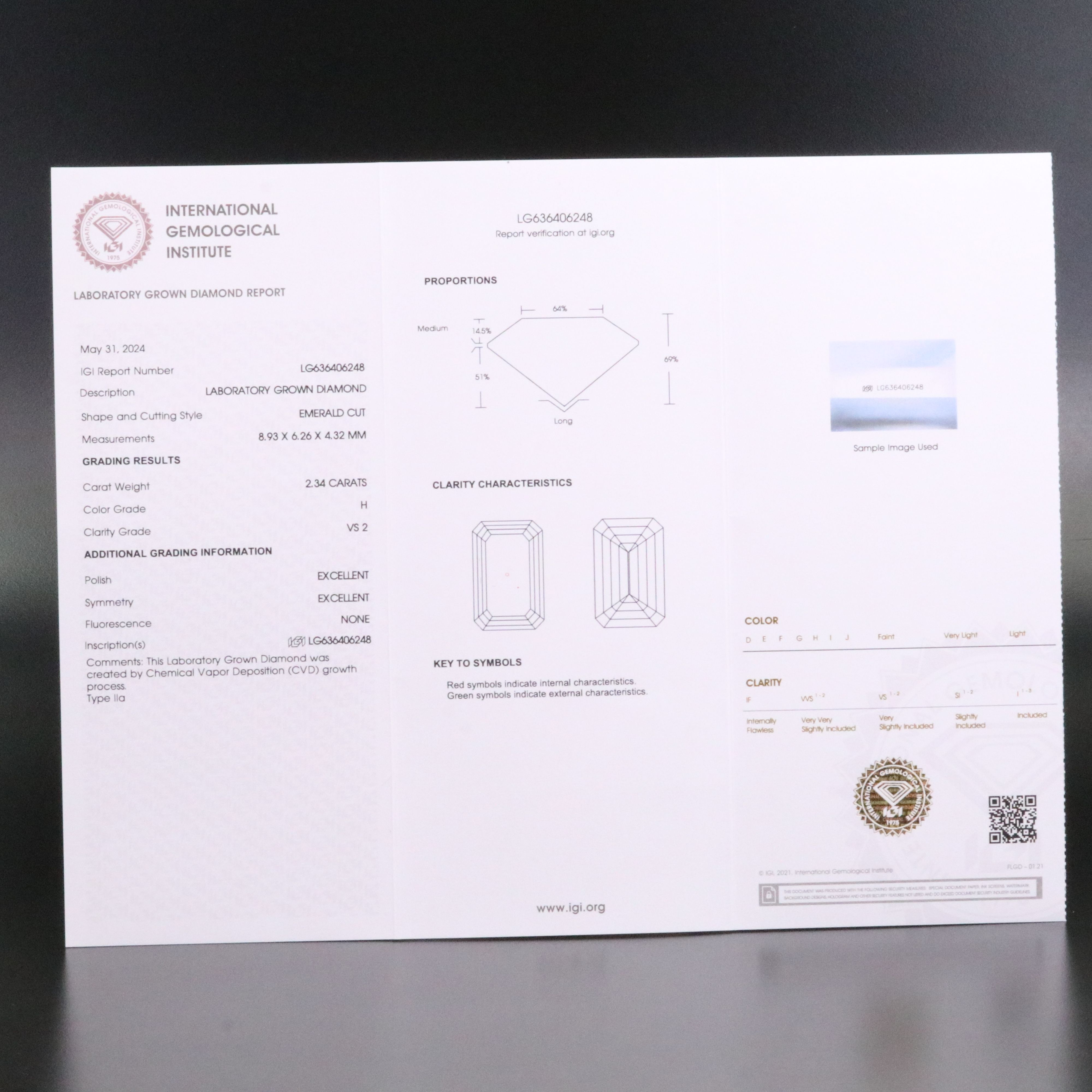 Loose 2.34 CT Lab Grown Diamond with IGI Report