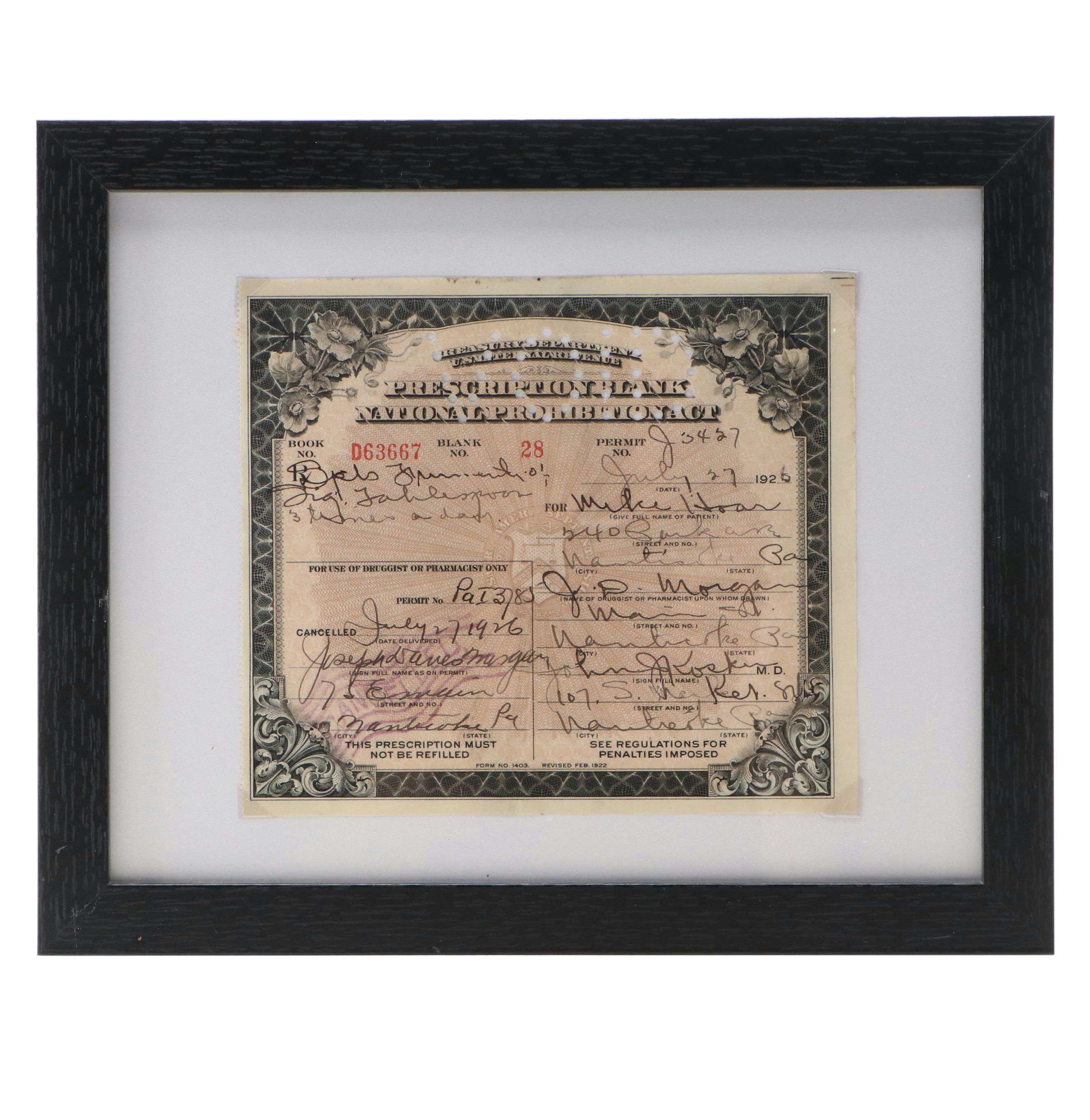 Prohibition Era Prescription Form for Alcohol, 1926